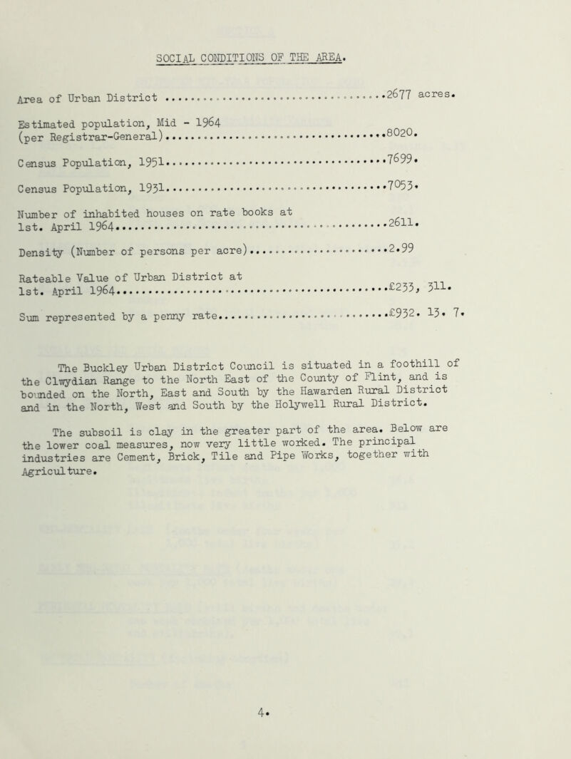 social conditions of the area. Area of Urban District „. ............., Estimated population, Mid - 1964 (per Registrar-General) •••••••• Census Population, 1951 Census Population, 1951 Number of inhabited houses on rate books at 1st. April 1964 Density (Number of persons per acre)....... Rateable Value of Urban District at 1st. April 1964 • * * Sum represented by a penny rate............ ...2677 acres. ...8020. ...7699. ...7O53. ...2611. ...2.99 ...£233, 311. ...£932» 13• 7« The Buckley Urban District Council is situated in a foothill of the Clwydian Range to the North East of the County of Flint, and is bounded on the North, East and South by the Hawarden Rural District and in the North, West and South by the Holywell Rural District. The subsoil is clay in the greater part of the area. Below are the lower coal measures, now very little worked. The principal industries are Cement, Brick, Tile and Pipe Works, together with Agriculture. 4