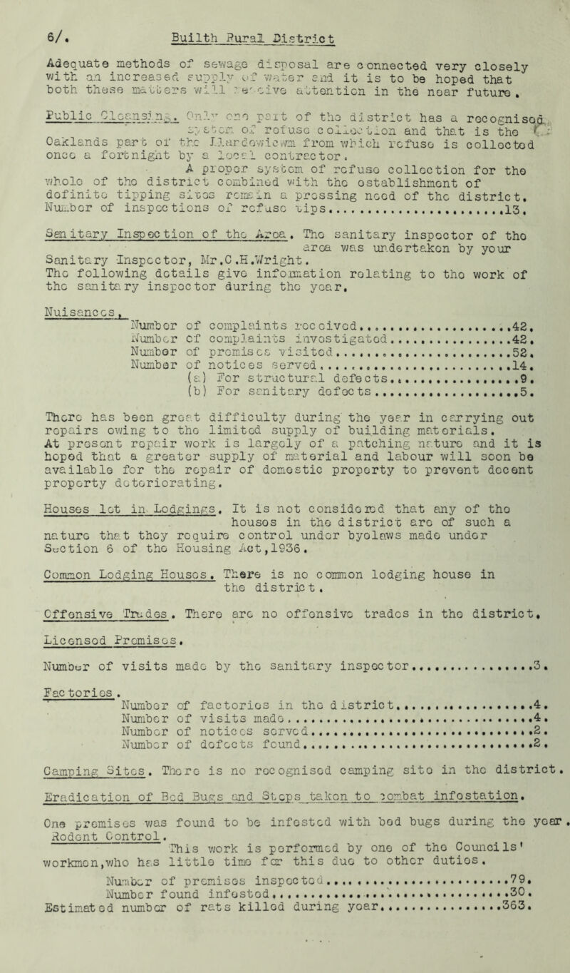 Adequate methods of sewage disposal are connected very closely with an increased supply of water and it is to be hoped that both these matters will receive attention in the near future. Public Cleansing. Only cno part of the district has a recognised. spsten of rofuso collection and that is the v* Oaklands part of the Jlardov/iewm from which refuse is colloctod once a fortnight bp- a local contractor. A proper system of refuse collection for the whole of the district combined with the establishment of dofinito tipping siros remain a pressing need of the district. Number of inspections of refuse rips 13, Sen it ary Inspection of the- Area. Tho sanitary inspector of tho area was undertaken by your Sanitary Inspector, Mr.C,H.Wright. Tho following details give infoimation rolating to tho work of the sanitary inspector during the year. Nuisances, Number of complaints received.,. 42, Number of complaints investigated 42. Number of premises visited 52. Number of notices served 14. (a) For structural defects,. .....9. (b) For sanitary defects 5. There has been great difficulty during' tho year in carrying out repairs owing to thG limited supply of building materials. At present repair work is largely of a patching nature and it is hoped that a greater supply of material and labour will soon be available for the repair of domestic property to prevent decent property deteriorating. Houses let in-Lodgings. It is not considered that any of tho housos in the district aro of such a naturG that thoy require control under byolaws made under Suction 6 of tho Housing Act,1936. Common Lodging Houses. There is no common lodging house in the district. Offensive Trades . There arc no offensive trades in tho district. Licensed Premises. Number of visits made by the sanitary inspector ..3. Fac torios . Number of factories in tho district., 4, Number of visits made Number of notices served *.2. Number of defects found *2. Camping Sites. There is no recognised camping sito in the district. Eradication of Bed Bugs and Steps taken to combat infostation. One premises was found to be infested with bod bugs during the year Rodent Control. This work is performed by one of tho Councils1 workmen,who has little time far* this due to other dutios. Number of premises inspectod.,.. 79, Number found infostod * * .30. Estimated number of rats killed during yoar 363.