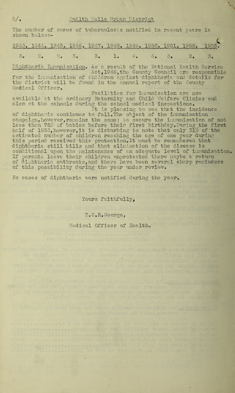 c The number of oases of tuberculosis notified in recent years is shown below:- 1915, 1944, 1915. 1946. 1947. 1913. 1949, 1950. 1951. 1952. 1953^ 3. 2. 2. 3. 3. 1. 4. 4. 3. 2. 3. Dlphtherla Imnunisation. As a result of tho National Health Service Act,1946,the County Council are responsible for tho immunisation of children against diphtheria and details for the district will be found in the annual report of the County Medical Officer. Facilities for innunisation are now available at tho ordinary Maternity and Child Welfare Clinics and also at the schools during the school medical inspections. It is pleasing to see that the incidence of diphtheria continues to fall.The object of the immunisation campaign,however,remains the same: to secure the immunisation of not less than 75% of babies before their first birthday,During the first half of 1953,however,it is disturbing to note that only 31% of tho estimated number of children reaching the age of one year during this period received this protection.lt must be remembered that diphtheria still kills and that elimination of the disease is conditional upon the maintenance of an adequate level of immunisation. If parents leave their children unprotected there maybe a return of diphtheria oi.itbreaks,and there have been several sharp reminders of this possibility during tho year under review. No cases of diphtheria were notified during the year. Yours faithfully. T,C.R,George, Medical Officer of Health.