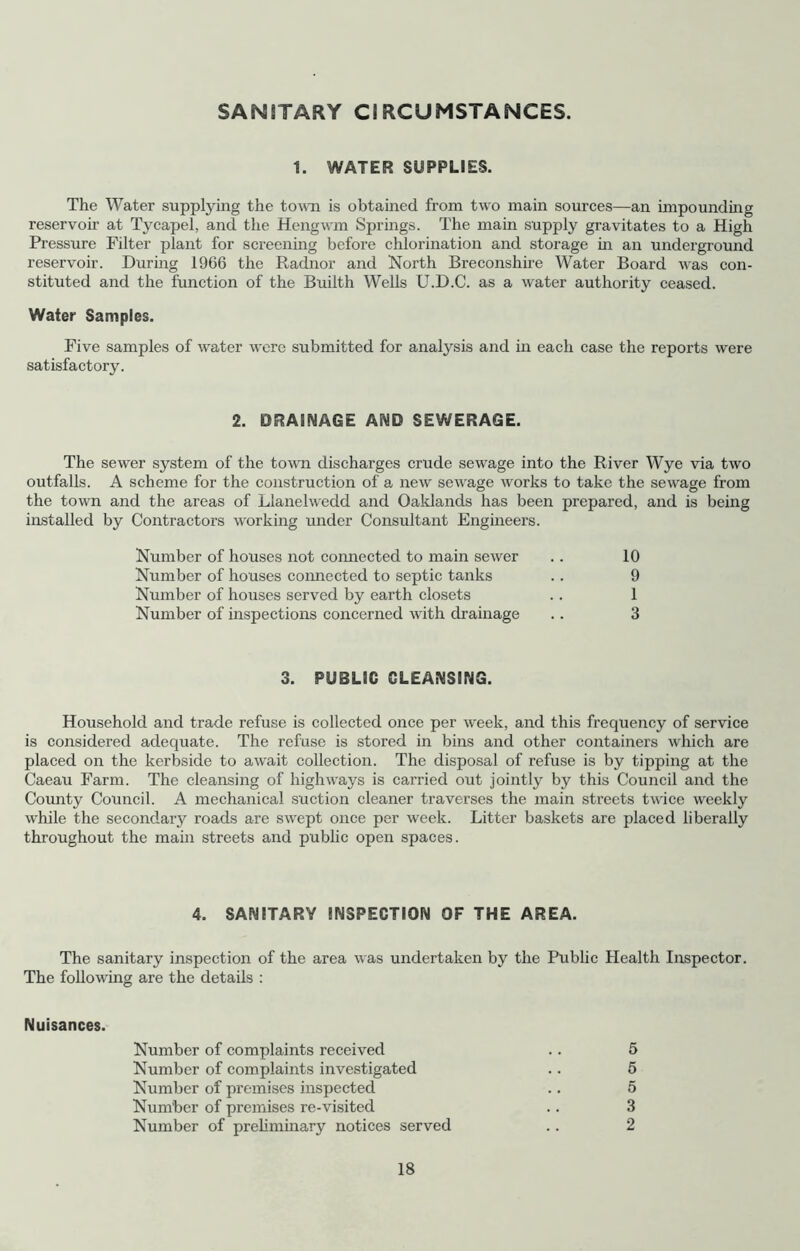 SANITARY CIRCUMSTANCES. 1. WATER SUPPLIES. The Water supplying the town is obtained from two main sources—an impounding reservoir at Tycapel, and the Hengwm Springs. The main supply gravitates to a High Pressure Filter plant for screening before chlorination and storage in an underground reservoir. During 1966 the Radnor and North Breconshire Water Board was con- stituted and the function of the Builth Wells U.D.C. as a water authority ceased. Water Samples. Five samples of water were submitted for analysis and in each case the reports were satisfactory. 2. DRAINAGE AND SEWERAGE. The sewer system of the town discharges crude sewage into the River Wye via two outfalls. A scheme for the construction of a new sewage works to take the sewage from the town and the areas of Llanelwedd and Oaklands has been prepared, and is being installed by Contractors working under Consultant Engineers. Number of houses not connected to main sewer .. 10 Number of houses connected to septic tanks .. 9 Number of houses served by earth closets .. 1 Number of inspections concerned with drainage .. 3 3. PUBLIC CLEANSING. Household and trade refuse is collected once per week, and this frequency of service is considered adequate. The refuse is stored in bins and other containers which are placed on the kerbside to await collection. The disposal of refuse is by tipping at the Caeau Farm. The cleansing of highways is carried out jointly by this Council and the County Council. A mechanical suction cleaner traverses the main streets twice weekly while the secondary roads are swept once per week. Litter baskets are placed liberally throughout the main streets and public open spaces. 4. SANITARY INSPECTION OF THE AREA. The sanitary inspection of the area was undertaken by the Public Health Inspector. The following are the details : Nuisances. Number of complaints received .. 5 Number of complaints investigated .. 6 Number of premises inspected .. 5 Number of premises re-visited .. 3 Number of preliminary notices served .. 2