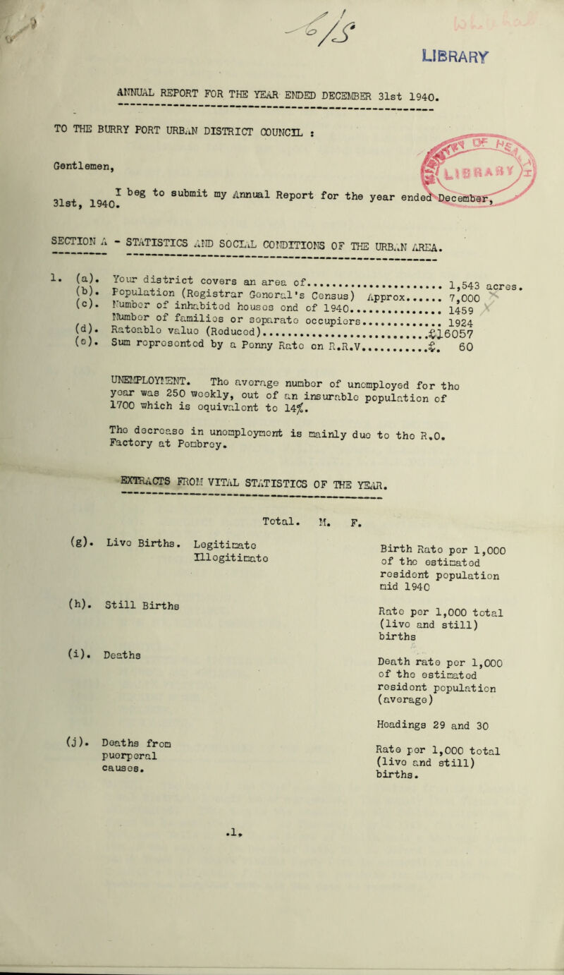 library ANNUAL REPORT FOR THE YEAR ENDED DECEMBER 31st 1940. TO THE BURRY PORT URBaN DISTRICT COUNCIL : Gentlemen, I beg to submit my Annual Report for the vear 31st, 1940. SECTION A - STATISTICS AID SOCIAL CONDITIONS OF THE URBAN AREA. 1. (a). (b) . (c) . (d) . (o). Your district covers an area of Population (Registrar General’s Census) Approx Number of inhabited houses end of 1940 Number of families or separate occupiers...*.*.*.*! Ratoablo value (Reduced) Sum represented by a Penny Rate on R.R.V ... 1,543 ... 7,000 ... 1459 ... 1924 ,$3.6057 $. 60 acres. UNEMPLOYMENT. Tho average number of unemployed for tho year was 250 weekly, out of an insurable population of 1700 which is equivalent to 14$. Tho decreaso in unemployment is mainly duo to tho R.O. Factory at Pombroy. EXTRACTS FROM VITAL STATISTICS OF THE YEAR. Total. M. F. (g). Live Births. Legitimate Illegitimate (h). Still Births (i). Deaths Birth Rato per 1,000 of the estimated resident population mid 1940 Rate per 1,000 total (livo and still) births Death rate per 1,000 of tho estimated residont population (average) (j). Deaths from puorperal causes. Headings 29 and 30 Rate per 1,000 total (livo and still) births. .1*