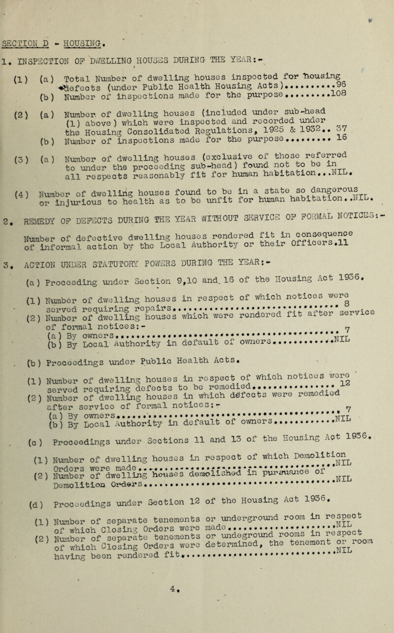 SECTION D - HOUSING. 1. INSPECTION OF DUELLING HOUSES DURING THE YEAR:- (1) (a) Total Number of dwelling houses inspected for Housing defects (under Public Health Housing Acts).... .96 (b) Number of inspections made for the purpose,. .108 (2) (a) Number, of dwelling houses (included under sub-head (1) above) which were inspected and recorded under the Housing Consolidated Regulations, 1925 & 1932.. 37 (b ) Number of inspections made for the purpose• 19 (3) (a) Number of dwelling houses (exclusive of those referred to under the proceeding sub-head) found not to be in all respects reasonably fit for human habitation.•.Win, (4) Number of dwelling houses found to be in a state so dangerous or injurious to health as to bo unfit for human habitation. .NIL. 2. REMEDY OF DEFECTS DURING THE YEAR WITHOUT SERVICE OF FORMAL NOTICES Number of defective dwelling houses rendered fit#in consequence of informal action by the Local Authority or their Offic no.11 3. ACTION UNDER STATUTORY POWERS DURING THE YEAR: - (a) Proceeding under Section 9,10 and, 16 of the Housing Act 19o6. (1) Number of dwelling houses in respect of which notices were (2) Number of dwelling houses which were rendered fit axter servic of formal notices:- y (a) By owners ••*••##** \tTT (b) By Local Authority in default of owners (b ) Proceedings under Public Health Acts. (1) Number of dwelling houses in respect.of which notices were served requiring defects to be remedied.•••* (2) Number of dwelling houses in which defects were remedied after service of formal notices:- y (b) By Local Authority in default of owners ff (c ) Proceedings under Sections 11 and 13 of the Housing Act 1936. (1) Number of dwelling houses in respect of which Demolition^ (2) Number of^dwelling‘houses demolished in pursuance of Demolition Orders (d) Proceedings under Section 12 of the Housing Act 1936, (1) Number of separate tenements or underground room in respect (2) Number of separate tenements or undeground rooms m respect (2) of which Casing Orders were determined, the tenement orroom having been rendered fit. *