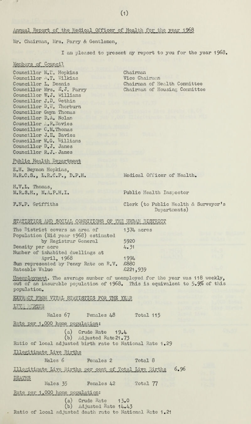 (1) Annual Report of the Medical Officer of Health for the year 1968 Mr. Chairman, Mrs. Parry & Gentlemen, I am pleased to present my report to you for the year 1968. Members of Council Councillor Councillor Councillor Councillor Councillor Councillor Councillor Councillor Councillor Councillor Councillor Councillor Councillor Councillor Councillor M.I, Hopkins A.T. Wilkins L. Dennis Mrs. E.J. Parry W*J. Williams J.D. Gethin D.W'. Thorburn Gwyn Thomas D.A. Nolan A.R*Davies C. M.Thomas J.E. Davies W.G. Williams D. J. James R. J.' James Public Health Department E.H. Beynon Hopkins, M.R.C.S., L.R.C.P., D.P.H. H.V.L. Thomas, M.R.S.H., M.A.P.H.I. F.N.P. Griffiths Chairman Vice Chairmen Chairman of Health Committee Chairman of Housing Committee Medical Officer of Health. Public Health Inspector Clerk (to Public Health & Surveyor1s Departments) STATISTICS AND SOCIAL CONDITIONS OP THE URBAN DISTRICT The District covers an area of 1374 acres Population (Mid year 1968) estimated by Registrar General 5920 Density per acre 4.31 Number of inhabited dwellings at April, 1968 1 994 Sum represented by Penny Rate on R.V. £880 Rateable Value £221,939 rment. The average number of unemployed for the year was 118 weekly, out of an insurable population of 1968. This is equivalent to 5.9% of this population. EXTRACT PROM VITAL STATISTICS FOR THE YEAR LTV- MIRTHS Males 67 Females 48 Total 115 home population: (a) Crude Rate 19.4 (b) Adjusted Rate 21.73 Ratio of local adjusted birth rate to National Rate 1.29 .egltimate^Jnve .Births Males 6 Females 2 Total 8 Illegitimate Live Births jper cent of Total Live Births 6.96 DEATHS Males 35 Females 42 Total 77 )er 1.000 home population: (a) Crude Rate 13.0 (b) Adjusted Pate 14.43 - Ratio of local adjusted death rate to National Rate 1.21