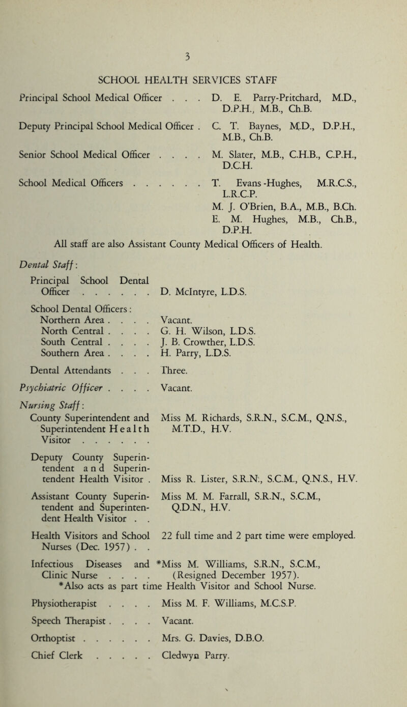 SCHOOL HEALTH SERVICES STAFF Principal School Medical Officer . . . D. E. Parry-Pritchard, M.D., D.P.H., M.B, Ch.B. Deputy Principal School Medical Officer . C. T. Baynes, M.D., D.P.H., M.B., Ch.B. Senior School Medical Officer . . . . M. Slater, M.B., C.H.B., C.P.H., D.C.H. School Medical Officers T. Evans-Hughes, M.R.C.S., L.R.C.P. M. J. O’Brien, B.A., M.B., B.Ch. E. M. Hughes, M.B., Ch.B., D.P.H. All staff are also Assistant County Medical Officers of Health. Dental Staff: Principal School Dental Officer D. McIntyre, L.D.S. School Dental Officers: Northern Area . . . North Central . . . South Central . . . Southern Area . . . Vacant. G. H. Wilson, L.D.S. J. B. Crowther, L.D.S. H. Parry, L.D.S. Dental Attendants Three. Psychiatric Officer . Vacant. Nursing Staff: County Superintendent and Miss M. Richards, S.R.N., S.C.M., Q.N.S., Superintendent Health M.T.D., H.V. Visitor Deputy County Superin- tendent and Superin- tendent Health Visitor . Miss R. Lister, S.R.N., S.C.M., Q.N.S., H.V. Assistant County Superin- Miss M. M. Farrall, S.R.N., S.C.M., tendent and Superinten- Q.D.N., H.V. dent Health Visitor . . Health Visitors and School 22 full time and 2 part time were employed. Nurses (Dec. 1957) . . Infectious Diseases and *Miss M. Williams, S.R.N., S.C.M., Clinic Nurse .... (Resigned December 1957). *Also acts as part time Health Visitor and School Nurse. Physiotherapist .... Miss M. F. Williams, M.C.S.P. Speech Therapist .... Vacant. Orthoptist Mrs. G. Davies, D.B.O. Chief Clerk Cledwyn Parry.
