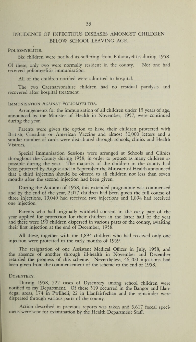 INCIDENCE OF INFECTIOUS DISEASES AMONGST CHILDREN BELOW SCHOOL LEAVING AGE. Poliomyelitis. Six children were notified as suffering from Poliomyelitis during 1958. Of these, only two were normally resident in the county. Not one had received poliomyelitis immunisation. All of the children notified were admitted to hospital. The two Caernarvonshire children had no residual paralysis and recovered after hospital treatment. Immunisation Against Poliomyelitis. Arrangements for the immunisation of all children under 15 years of age, announced by the Minister of Health in November, 1957, were continued during the year. Parents were given the option to have their children protected with British, Canadian or American Vaccine and almost 30,000 letters and a similar number of cards were distributed through schools, clinics and Health Visitors. Special Immunisation Sessions were arranged at Schools and Clinics throughout the County during 1958, in order to protect as many children as possible during the year. The majority of the children in the county had been protected by August and in September the Minister of Health announced that a third injection should be offered to all children not less than seven months after the second injection had been given. During the Autumn of 1958, this extended programme was commenced and by the end of the year, 2,077 children had been given the full course of three injections, 19,040 had received two injections and 1,894 had received one injection. Parents who had originally withheld consent in the early part of the year applied for protection for their children in the latter half of the year and there were 190 children dispersed in various parts of the county, awaiting their first injection at the end of December, 1958. All these, together with the 1,894 children who had received only one injection were protected in the early months of 1959. The resignation of one Assistant Medical Officer in July, 1958, and the absence of another through ill-health in November and December retarded the progress of this scheme. Nevertheless, 46,200 injections had been given from the commencement of the scheme to the end of 1958. Dysentery. During 1958, 522 cases of Dysentery among school children were notified to my Department. Of these 319 occurred in the Bangor and Llan- degai areas, 174 in Pwllheli, 22 in Llanfairfechan and the remainder were dispersed through various parts of the county. Action described in previous reports was taken and 5,617 faecal speci- mens were sent for examination by the Health Department Staff.