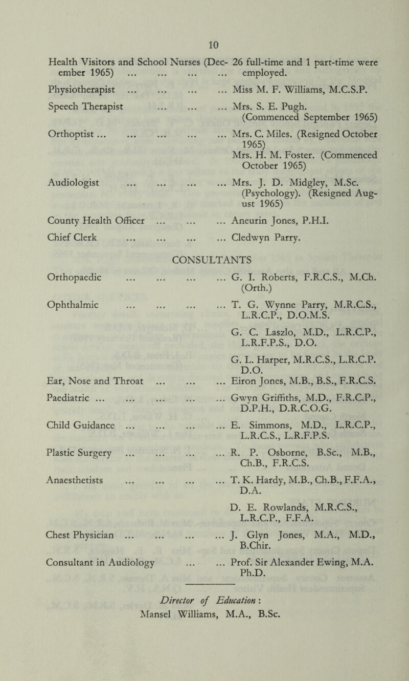 Health Visitors and School Nurses (Dec- 26 full-time and 1 part-time were ember 1965) employed. Physiotherapist Miss M. F. Williams, M.C.S.P. Speech Therapist ... Mrs. S. E. Pugh. (Commenced September 1965) Orthoptist ... Mrs. C. Miles. (Resigned October 1965) Mrs. H. M. Foster. (Commenced October 1965) Audiologist Mrs. J. D. Midgley, M.Sc. (Psychology). (Resigned Aug- ust 1965) County Health Officer ... Aneurin Jones, P.H.I. Chief Clerk ... Cledwyn Parry. CONSULTANTS Orthopaedic G. I. Roberts, F.R.C.S., M.Ch. (Orth.) Ophthalmic T. G. Wynne Parry, M.R.C.S., L.R.C.P., D.O.M.S. G. C. Laszlo, M.D., L.R.C.P., L.R.F.P.S., D.O. Ear, Nose and Throat G. L. Harper, M.R.C.S., L.R.C.P. D.O. ... Eiron Jones, M.B., B.S., F.R.C.S. Paediatric ... Gwyn Griffiths, M.D., F.R.C.P., D.P.H., D.R.C.O.G. Child Guidance ... E. Simmons, M.D., L.R.C.P., L.R.C.S., L.R.F.P.S. Plastic Surgery R. P. Osborne, B.Sc., M.B., Ch.B., F.R.C.S. Anaesthetists T.K. Hardy, M.B., Ch.B., F.F.A., D.A. D. E. Rowlands, M.R.C.S., L.R.C.P., F.F.A. Chest Physician ... J. Glyn Jones, M.A., M.D., B.Chir. Consultant in Audiology ... Prof. Sir Alexander Ewing, M. A. Ph.D. Director of Education : Mansel Williams, M.A., B.Sc.