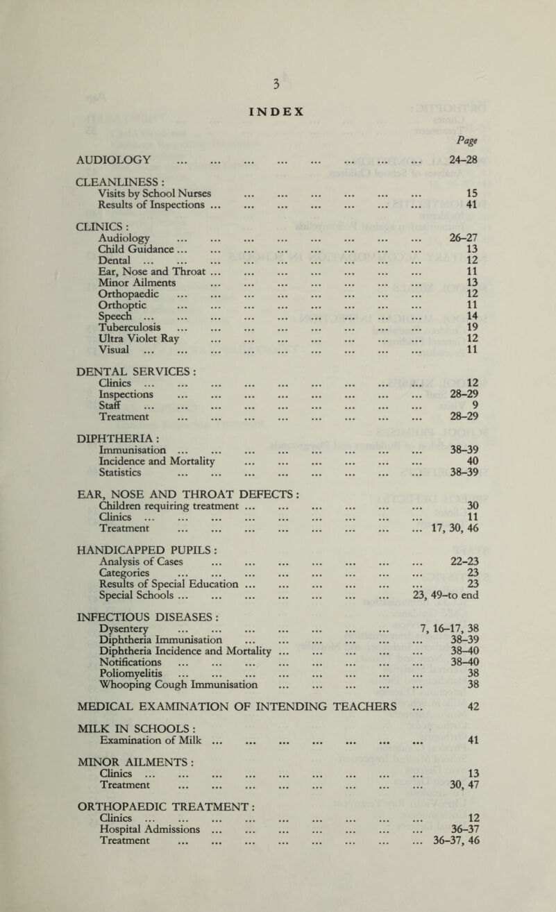 INDEX Page AUDIOLOGY 24-28 CLEANLINESS : Visits by School Nurses 15 Results of Inspections 41 CLINICS : Audiology 26-27 Child Guidance 13 Dental 12 Ear, Nose and Throat 11 Minor Ailments 13 Orthopaedic 12 Orthoptic 11 Speech 14 Tuberculosis 19 Ultra Violet Ray 12 Visual 11 DENTAL SERVICES : Clinics ... ... 12 Inspections 28-29 Staff 9 Treatment 28-29 DIPHTHERIA : Immunisation ... 38-39 Incidence and Mortality ... 40 Statistics ... 38-39 EAR, NOSE AND THROAT DEFECTS : Children requiring treatment 30 Clinics 11 Treatment ... 17,30,46 HANDICAPPED PUPILS : Analysis of Cases 22-23 Categories 23 Results of Special Education 23 Special Schools 23, 49-to end INFECTIOUS DISEASES : Dysentery 7, 16-17, 38 Diphtheria Immunisation 38-39 Diphtheria Incidence and Mortality ... 38-40 Notifications 38-40 Poliomyelitis 38 Whooping Cough Immunisation 38 MEDICAL EXAMINATION OF INTENDING TEACHERS 42 MILK IN SCHOOLS : Examination of Milk ... ... 41 MINOR AILMENTS : Clinics 13 Treatment 30, 47 ORTHOPAEDIC TREATMENT: Clinics 12 Hospital Admissions ... 36-37 Treatment ... 36-37, 46