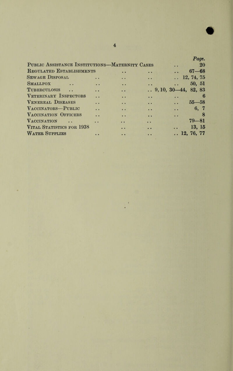 Page. Public Assistance Institutions—Maternity Cases .. 20 Regulated Establishments .. .. .. 67—68 Sewage Disposal .. .. .. .. 12, 74, 75 Smallpox .. .. .. .. .. 50, 51 Tuberculosis .. .. .. .. 9,10, 30—44, 82, 83 Veterinary Inspectors .. .. .. .. 6 Venereal Diseases .. .. .. .. 55—58 Vaccinators—Public .. .. .. .. 6, 7 Vaccination Officers .. .. .. .. 8 Vaccination .. .. .. .. 79—81 Vital Statistics for 1938 .. .. .. 13, 15 Water Supplies .. .. .. .. 12, 76, 77
