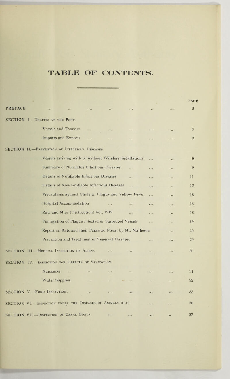 TABLE OF CONTENTS. PREFACE SECTION I.—Traffic at the Port. Vessels and Tonnage Imports and Exports SECTION II,—Prevention of Infectious Diseases. Vessels arriving with or without Wireless Installations Summary of Notifiable Infectious Diseases Details of Notifiable Infectious Diseases Details of Non-notifiable Infectious Diseases Precautions against Cholera, Plague and Yellow Fever Hospital Accommodation Rats and Mice (Destruction) Act. 1919 Fumigation of Plague infected or Suspected Vessels Report on Rats and their Parasitic Fleas, by Mr. Matheson Prevention and Treatment of Venereal Diseases SECTION III.—Medical Inspection of Aliens SECTION IV - Inspection for Defects of Sanitation. Nuisances Water Supplies SECTION V.—Food Inspection... ... ... .- SECTION VI — Inspection under the Diseases of Animals Acts SECTION VII —Inspection of Canal Boats PAGE 5 6 8 9 9 11 13 18 18 18 19 20 29 30 31 32 33 36 37