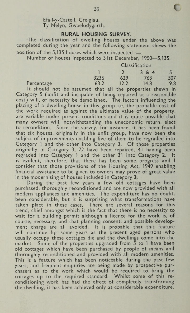 ( Efail-y-Castell, Creigiau. Ty Melyn, Gwaelodygarth. RURAL HOUSING SURVEY. The classification of dwelling houses under the above was completed during the year and the following statement shews the position of the 5,135 houses which were inspected :— Number of houses inspected to 31st December, 1950—5,135. Classification 1 2 3 & 4 5 3236 629 763 507 Percentage 63.2 12.2 14.8 9.8 It should not be assumed that all the properties shewn in Category 5 (unfit and incapable of being repaired at a reasonable cost) will, of necessity be demolished. The factors influencing the placing of a dwelling-house in this group i.e. the probable cost of the work required as against the ultimate value of the property, are variable under present conditions and it is quite possible that many owners will, notwithstanding the uneconomic return, elect to recondition. Since the survey, for instance, it has been found that six houses, originally in the unfit group, have now been the subject of improvements enabling five of them to be regraded into Category 1 and the other into Category 3. Of those properties originally in Category 3, 72 have been repaired, 41 having been regraded into Category 1 and the other 31 into Category 2. It is evident, therefore, that there has been some progress and 1 consider that those provisions of the Housing Act, 1949 enabling financial assistance to be given to owners may prove of great value in the modernising of houses included in Category 3. During the past few years a few old cottages have been purchased, thoroughly reconditioned and are now provided with all modern appliances and amenities. The expenditure has no doubt, been considerable, but it is surprising what transformations have taken place in these cases. There are several reasons for this trend, chief amongst which is the fact that there is no necessity to wait for a building permit although a licence for the work is, of course, necessary, and that planning consent, and possible develop- ment charge are all avoided. It is probable that this feature will continue for some years as the present aged persons who usually occupy these cottages die and the dwellings come into the market. Some of the properties upgraded from 5 to 1 have been old cottages which have been purchased by people of means and thoroughly reconditioned and provided with all modern amenities. This is a feature which has been noticeable during the past few years, and frequent enquiries are being made by prospective pur- chasers as to the work which would be required to bring the cottages up to the required standard. Whilst some of this re- conditioning work has had the effect of completely transforming the dwelling, it has been achieved only at considerable expenditure.