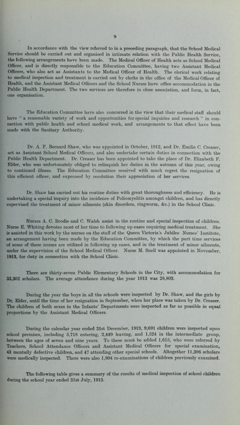 In accordance with the view referred to in a preceding paragraph, that the School Medical Service should be carried out and organised in intimate relation with the Public Health Service, the following arrangements have been made. The Medical Officer of Health acts as School Medical Officer, and is directly responsible to the Education Committee, having two Assistant Medical Officers, who also act as Assistants to the Medical Officer of Health. The clerical work relating to medical inspection and treatment is carried out by clerks in the office of the Medical Officer of Health, and the Assistant Medical Officers and the School Nurses have office accommodation in the Public Health Department. The two services are therefore in close association, and form, in fact, one organisation. The Education Committee have also concurred in the view that their medical staff should have “ a reasonable variety of work and opportunities for special inquiries and research ” in con- nection with public health and school medical work, and arrangements to that effect have been made with the Sanitary Authority. Dr. A. F. Bernard Shaw, who was appointed in October, 1912, and Dr. Emilie C. Greaser, act as Assistant School Medical Officers, and also undertake certain duties in connection with the Public Health Department. Dr. Creaser has been appointed to take the place of Dr. Elizabeth F. Elder, who was unfortunately obliged to relinquish her duties in the autumn of this year, owing to continued illness. The Education Committee received with much regret the resignation of this efficient officer, and expressed by resolution their appreciation of her services. Dr. Shaw has carried out his routine duties with great thoroughness and efficiency. He is undertaking a special inquiry into the incidence of Poliomyelitis amongst children, and has directly supervised the treatment of minor ailments (skin disorders, ringworm, &c.) in the School Clinic. Nurses A. C. Brodie and C. Walsh assist in the routine and special inspection of children. Nurse E. Whiting devotes most of her time to following up cases requiring medical treatment. She is assisted in this work by the nurses on the staff of the Queen Victoria’s Jubilee Nurses’ Institute, an arrangement having been made by the Education Committee, by which the part time services of some of these nurses are utilized in following up cases, and in the treatment of minor ailments, under the supervision of the School Medical Officer. Nurse M. Snell was appointed in November, 1913, for duty in connection with the School Clinic. There are thirty-seven Public Elementary Schools in the City, with accommodation for 33,302 scholars. The average attendance during the year 1913 was 28,803. During the year the boys in all the schools were inspected by Dr. Shaw, and the girls by Dr. Elder, until the time of her resignation in September, when her place was taken by Dr. Creaser. The children of both sexes in the Infants’ Departments were inspected as far as possible in equal proportions by the Assistant Medical Officers. During the calendar year ended 31st December, 1913, 9,691 children were inspected upon school premises, including 5,718 entering, 2,449 leaving, and 1,524 in the intermediate group, between the ages of seven and nine years. To these must be added 1,615, who were referred by Teachers, School Attendance Officers and Assistant Medical Officers for special examination, 43 mentally defective children, and 47 attending other special schools. Altogether 11,396 scholars were medically inspected. There were also 1,804 re-examinations of children previously examined. The following table gives a summary of the results of medical inspection of school children during the school year ended 31st July, 1913.
