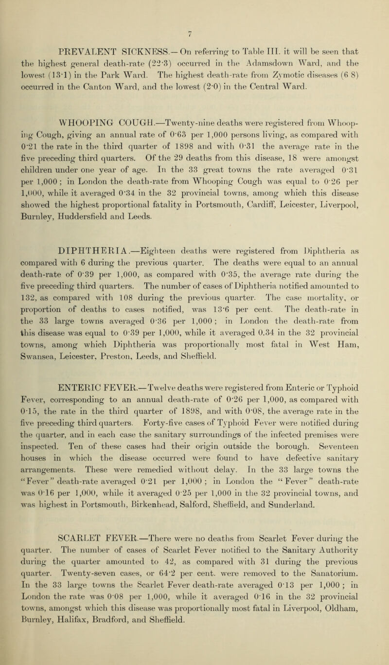 PREVALENT SICKNESS.— On referring to Table III. it will be seen that the highest general death-rate (22'3) occurred in the Adamsdown Ward, and the lowest (13*1) in the Park Ward. The highest death-rate from Zymotic diseases (6 8) occurred in the Canton Ward, and the lowest (2‘0) in the Central Ward. WHOOPING COUGH.—Twenty-nine deaths were registered from Whoop- ing Cough, giving an annual rate of 0'63 per 1,000 persons living, as compared with 0'21 the rate in the third quarter of 1898 and with 0*31 the average rate in the five preceding third quarters. Of the 29 deaths from this disease, 18 were amongst children under one year of age. In the 33 great towns the rate averaged 0'31 per 1,000 ; in London the death-rate from Whooping Cough was equal to O'26 per 1,000, while it averaged 0'34 in the 32 provincial towns, among which this disease showed the highest proportional fatality in Portsmouth, Cardiff, Leicester, Liverpool, Burnley, Huddersfield and Leeds. DIPHTHERIA.—Eighteen deaths were registered from Diphtheria as compared with 6 during the previous quarter. The deaths were equal to an annual death-rate of 0'39 per 1,000, as compared with 0'35, the average rate during the five preceding third quarters. The number of cases of Diphtheria notified amounted to 132, as compared with 108 during the previous quarter. The case mortality, or proportion of deaths to cases notified, was 13’6 per cent. The death-rate in the 33 large towns averaged 0'36 per 1,000 ; in London the death-rate from this disease was equal to 0'39 per 1,000, while it averaged 0.34 in the 32 provincial towns, among which Diphtheria was proportionally most fatal in West Ham, Swansea, Leicester, Preston, Leeds, and Sheffield. ENTERIC FEVER.— Twelve deaths were registered from Enteric or Typhoid Fever, corresponding to an annual death-rate of 0'26 per 1,000, as compared with 0T5, the rate in the third quarter of 1898, and with 0’08, the average rate in the five preceding third quarters. Forty-five cases of Typhoid Fever were notified during the quarter, and in each case the sanitary surroundings of the infected premises were inspected. Ten of these cases had their origin outside the borough. Seventeen houses in which the disease occurred were found to have defective sanitary arrangements. These were remedied without delay. In the 33 large towns the “Fever” death-rate averaged 0'2l per 1,000; in London the “Fever” death-rate was 016 per 1,000, while it averaged 0'25 per 1,000 in the 32 provincial towns, and was highest in Portsmouth, Birkenhead, Salford, Sheffield, and Sunderland. SCARLET FEVER.—There were no deaths from Scarlet Fever during the quarter. The number of cases of Scarlet Fever notified to the Sanitary Authority during the quarter amounted to 42, as compared with 31 during the previous quarter. Twenty-seven cases, or 64'2 per cent, were removed to the Sanatorium. In the 33 large towns the Scarlet Fever death-rate averaged 0T3 per 1,000 ; in London the rate was 0'08 per 1,000, while it averaged 0T6 in the 32 provincial towns, amongst which this disease was proportionally most fatal in Liverpool, Oldham, Burnley, Halifax, Bradford, and Sheffield.