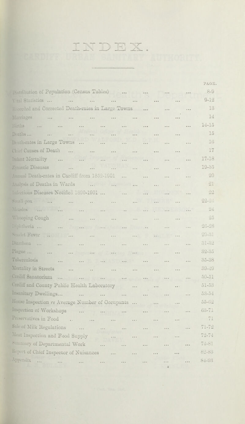 I — i V-rvil/unon of Population (Census Tables) V f! StatisriCs ... ■ ■ -•iVilocl and Corrected Death-rates in Large Towns M.-iriagos If. .uli-rates in Large Towns ... Cl:,L'Causes of Death (niai'.t (Mortality ZviiiDtic Di.seases .'liiuail Death-rates in Cardiff fronr 1852-1001 .\;..i!ysi.s or Deaths in Wards :,,f.\;:ii.us Diseases Notified lSOO-1901 ... Si'iallpux Whooping Cough ; , ' •lu'i'ia ... L Fever l.liai'iiio'ii, Plague Tul)i.-roulosis ^lerrality in Streets Ca vilifi Sanatorium ... I ardiif and County Public Health Laboratory b'.>anitary Dwellings... -'iou.se lu.spection re Average Number of Occupants ... h'.>poetion of Workshops t’u >ervaiives in Food ol Milk Kegulations .... •'•(.-.i: Inspection and Food Supply • ■.•.•.oarv of Departmental Work .1 of Chief Inspector of Nuisances Apni-ndix PAGE. 8-0 9-12 13 14 14-15 15 16 17 17-18 19- 35 20 21 22 22-2-: 24 25 26-28 20- ;iJ 31- ;l 32- 35 35-38 39-19 50- 51 51- 53 53-54 55-62 68-71 71 71- 72 72- 74 74-81 82-83 84-98