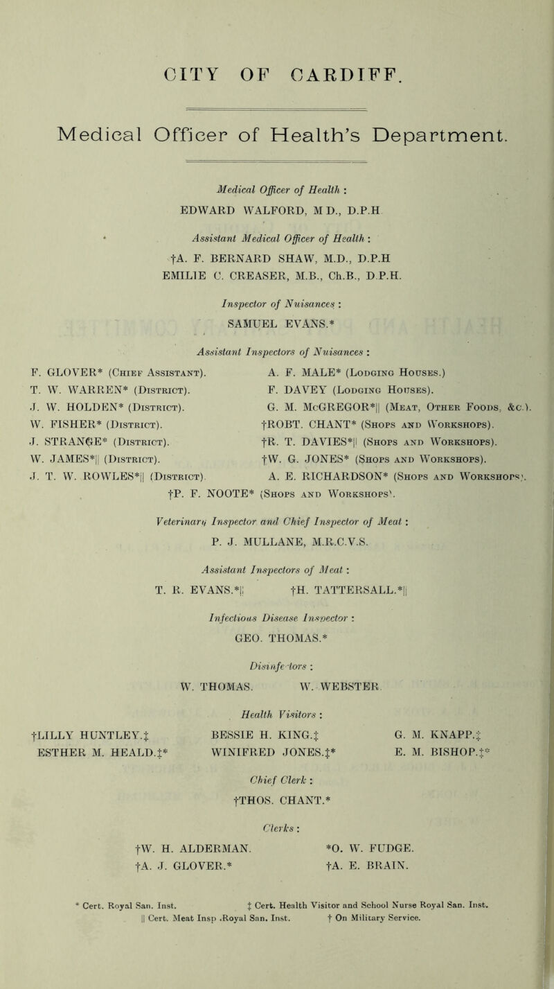 Medical Officer of Health’s Department. Medical Officer of Health : EDWARD WALFORD, MD, D.P.H Assistant Medical Officer of Health : fA. F. BERNARD SHAW, M.D., D.P.H EMIL1E C. CREASER, M.B., Ch.B., D.P.H. Inspector of Nuisances : SAMUEL EVANS.* Assistant Inspectors of Nuisances : F. GLOVER* (Chief Assistant). T. W. WARREN* (District). J. W. HOLDEN* (District). W. FISHER* (District). J. STRANGE* (District). W. JAMES*|| (District). J. T. W. ROWLES*j| (District). A. F. MALE* (Lodging Houses.) F. DAVEY (Lodging Houses). G. M. McGREGOR*|| (Meat, Other Foods, &c.). fROBT. CHANT* (Shops and Workshops). fR. T. DAVIES*|I (Shops and Workshops). fW. G. JONES* (Shops and Workshops). A. E. RICHARDSON* (Shops and Workshops'. fP. F. NOOTE* (Shops and Workshops'. Veterinary Inspector and Chief Inspector of Meat : P. J. MULLANE, M.R.C.V.S. Assistant Inspectors of Meat : T. R. EVANS.*|; j-H. TATTERSALL.*|j Infectious Disease Inspector : GEO. THOMAS.* Disinfe tors : W. THOMAS. W. WEBSTER Health Visitors : BESSIE H. KING.J G. M. KNAPP.* WINIFRED JONES .J* E. M. BISHOP. J* Chief Clerk : fTHOS. CHANT.* Clerks : fW. H. ALDERMAN. *0. W. FUDGE. fA. J. GLOVER.* fA. E. BRAIN. fLILLY HUNTLEY.j ESTHER M. HEALD.f* Cert. Royal San. Inst. J Cert. Health Visitor and School Nurse Royal San. Inst. || Cert. Meat Insp .Royal San. Inst. f On Military Service.