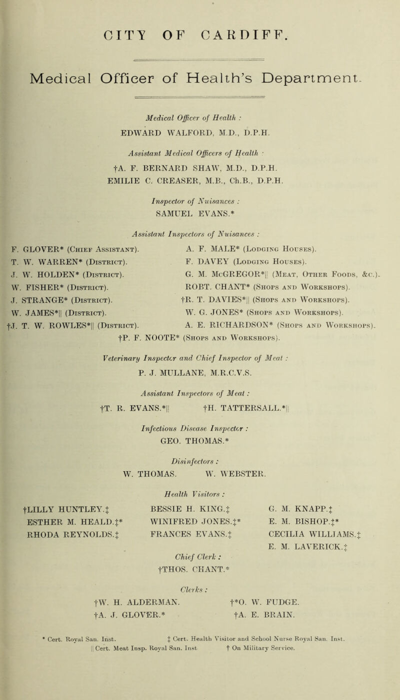 Medical Officer of Health’s Department. Medical Officer of Health, : EDWARD WALFORD. M.D., D.P.H. Assistant Medical Officers of Health ■ fA. F. BERNARD SHAW, M.D., D.P.H. EMILIE C. CREASER, M.B., Ch.B., D.P.H. Inspector of Nuisances : SAMUEL EVANS.* Assistant Inspectors of Nuisances : F. GLOVER* (Chief Assistant). T. W. WARREN* (District). J. W. HOLDEN* (District). W. FISHER* (District). J. STRANGE* (District). W. JAMES*|| (District). }J. T. W. ROWLES*|[ (District). A. F. MALE* (Lodging Houses). F. DAVEY (Lodging Houses). G. M. McGREGOR*|! (Meat, Other Foods, &c.). ROBT. CHANT* (Shops and Workshops). fR. T. DAVIES*|| (Shops and Workshops). W. G. JONES* (Shops and Workshops). A. E. RICHARDSON* (Shops and Workshops). fP. F. NOOTE* (Shops and Workshops). Veterinary Inspector and Chief Inspector of Meat : P. J. MULLANE, M.R.C.V.S. Assistant Inspectors of Meat: }T. R. EVANS.*|! |H. TATTERSALL.*|| Infectious Disease Inspector : GEO. THOMAS.* Disinfectors : W. THOMAS. W. WEBSTER. Health Visitors : tLILLY HUNTLEY.J BESSIE H. KING.it G. M. KNAPP.} ESTHER M. HEALD.}* WINIFRED JONES.}* E. M. BISHOP.}* RHODA REYNOLDS.} FRANCES EVANS.} CECILIA WILLIAMS.} E. M. LAVERICK.} Chief Clerk : }THOS. CHANT.* Clerks : fW. H. ALDERMAN. t*°- W. FUDGE. |A. J. GLOVER.* }A. E. BRAIN. Cert. Royal San. Inst. } Cert. Health Visitor and School Nurse Royal San. Inst. H Cert. Meat Insp. Royal San. Inst f On Military Service.