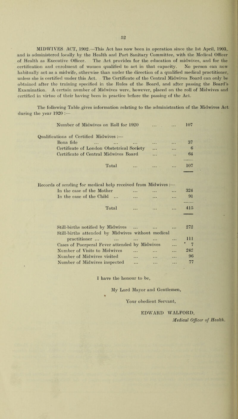 MIDWIVES ACT, 1902.—This Act has now been in operation since the 1st April, 1903,. and is administered locally by the Health and Port Sanitary Committee, with the Medical Officer of Health as Executive Officer. The Act provides for the education of midwives, and for the certification and enrolment of women qualified to act in that capacity. No person can now habitually act as a midwife, otherwise than under the direction of a qualified medical practitioner, unless she is certified under this Act. The Certificate of the Central Midwives Board can only be obtained after the training specified in the Rules of the Board, and after passing the Board’s Examination. A certain number of Midwives were, however, placed on the roll of Midwives and certified in virtue of their having been in practice before the passing of the Act. The following Table gives information relating to the administration of the Midwives Act during the year 1920 :— Number of Midwives on Roll for 1920 ... ... 107 Qualifications of Certified Midwives :— Bona fide ... ... ... ... ... 37 Certificate of London Obstetrical Society ... ... 6 Certificate of Central Midwives Board ... .. 64 Total ... ... ... 107 Records of sending for medical help received from Midwives :— In the case of the Mother ... ... ... 324 In the case of the Child ... ... ... ... 91 Total ... ... ... 415 Still-births notified by Mid wives ... ... ... 272 Still-births attended by Midwives without medical practitioner ... ... ... ... ... Ill Cases of Puerperal Fever attended by Mid wives ... ’ 7 Number of Visits to Mid wives ... ... ... 242 Number of Mid wives visited ... ... ... 96 Number of Mid wives inspected ... ... ... 77 I have the honour to be. My Lord Mayor and Gentlemen, Your obedient Servant, EDWARD WALFORD, Medical Officer of Healths