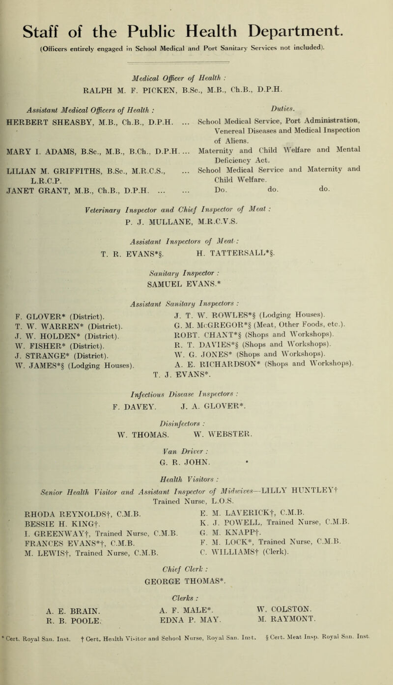 Staff of the Public Health Department. (Officers entirely engaged in School Medical and Port Sanitary Services not included). Medical Officer of Health : RALPH M. F. PICKEN, B.Sc., M.B., Ch.B., D.P.H. Assistant Medical Officers of Health : HERBERT SHEASBY, M.B., Ch.B., D.P.H. ... MARY I. ADAMS, B.Sc., M.B., B.Ch., D.P.H. ... LILIAN M. GRIFFITHS, B.Sc., M.R.C.S., L.R.C.P. JANET GRANT, M.B., Ch.B., D.P.H Duties. School Medical Service, Port Administration, Venereal Diseases and Medical Inspection of Aliens. Maternity and Child Welfare and Mental Deficiency Act. School Medical Service and Maternity and Child Welfare. Do. do. do. Veterinary Inspector and Chief Inspector of Meat : P. J. MULLANE, M.R.C.V.S. Assistant Inspectors of Meat : T. R. EVANS*§. H. TATTERSALL*§. Sanitary Inspector : SAMUEL EVANS.* Assistant Sanitary Inspectors : F. GLOVER* (District). T. W. WARREN* (District). J. W. HOLDEN* (District). W. FISHER* (District). J. STRANGE* (District). W. JAMES*§ (Lodging Houses). J. T. W. ROWLES*§ (Lodging Houses). G. M. McGREGOR*§ (Meat, Other Foods, etc.). ROBT. CHANT*§ (Shops and Workshops). R. T. DAVIES*§ (Shops and Workshops). W. G. JONES* (Shops and Workshops). A. E. RICHARDSON* (Shops and Workshops). T. J. EVANvS*. Infectious Disease Inspectors : F. DAVEY. J. A. GLOVER*. Disinfectors : W. THOMAS. W. WEBSTER. Van Driver : G. R. JOHN. Health Visitors : Senior Health Visitor and Assistant Inspector of Midwives—LILLY HUNTLE'i t Trained Nttrse, L.O.vS. RHODA REYNOLDSt, C.M.B. BESSIE H. KINGt- I. GREENWAYt, Trained Nurse, C.M.B. FRANCES EVANS*t, C.M.B. M. LEWISt, Trained Nurse, C.M.B. E. M. LAVERICKt, C.M.B. K. J. POWELL, Trained Nurse, C.M.B. G. M. KNAPPt- F. M. LOCK*, Trained Nurse, C.M.B. C. WILLIAMSt (Clerk). Chief Clerk : GEORGE THOMAS*. A. E. BRAIN. R. B. POOLE. Clerks : A. F. MALE*. EDNA P. MAY. W. COLSTON. M. RAYMONT Cert. Royal San. In.st. f Cert. He.ilth Vi-itor and School Nurse, R.oyal San. Inst. §Ceit. Meat In.sp. Royal San. Inst