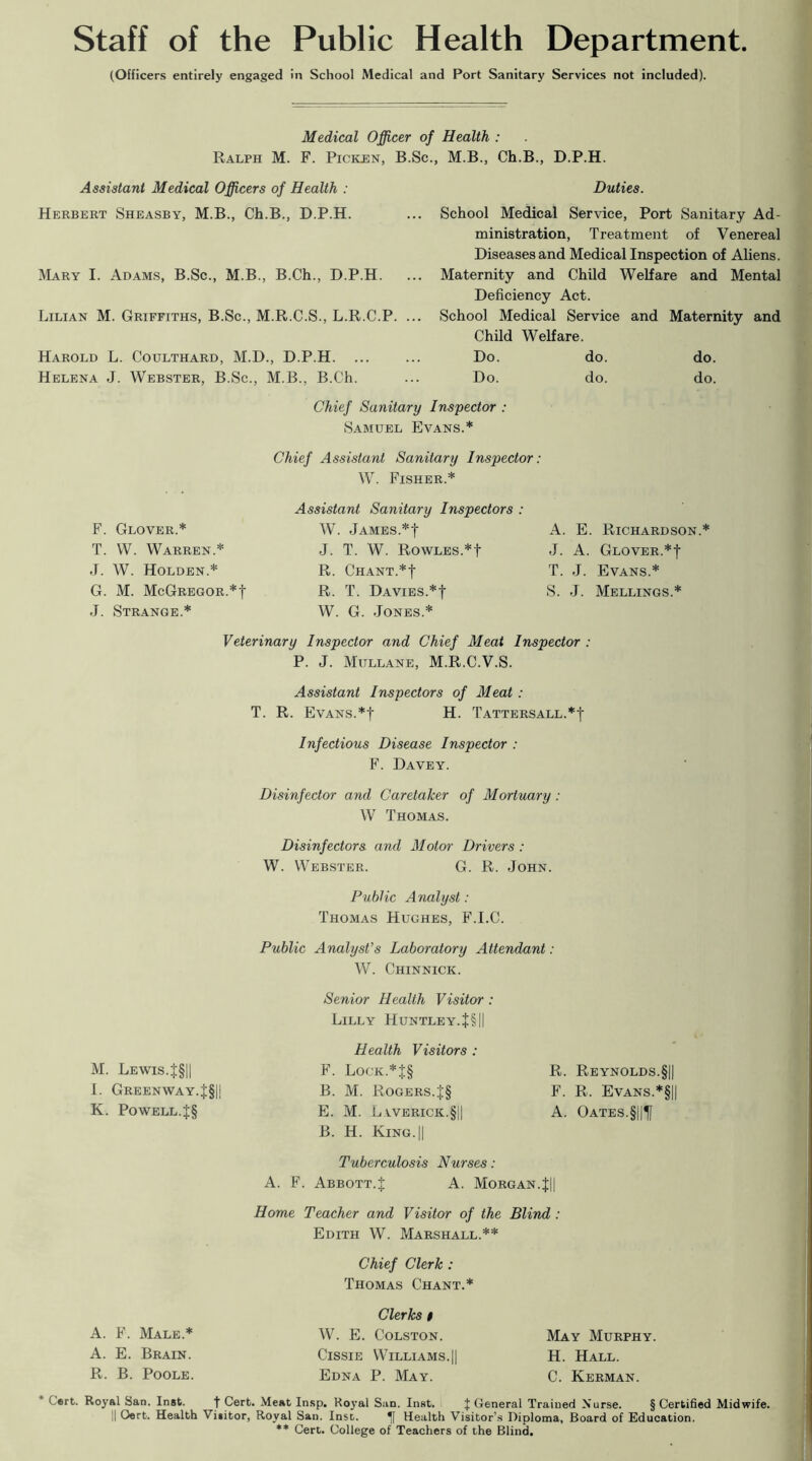 Staff of the Public Health Department. (Officers entirely engaged in School Medical and Port Sanitary Services not included). Medical Officer of Health : Ralph M. F. Picken, B.Sc., M.B., Ch.B., D.P.H. Assistant Medical Officers of Health : Herbert Sheasby, M.B., Ch.B., D.P.H. Mary I. Adams, B.Sc., M.B., B.Ch., D.P.H. Lilian M. Griffiths, B.Sc., M.R.C.S., L.R.C.P. Harold L. Coulthard, M.D., D.P.H. ... Helena J. Webster, B.Sc., M.B., B.Ch. Duties. School Medical Service, Port Sanitary Ad- ministration, Treatment of Venereal Diseases and Medical Inspection of Aliens. Maternity and Child Welfare and Mental Deficiency Act. School Medical Service and Maternity and Child Welfare. Do. Do. do. do. do. do. F. Glover.* T. W. Warren.* J. W. Holden.* G. M. McGregor.*f J. Strange.* Chief Sanitary Inspector : Samuel Evans.* Chief Assistant Sanitary Inspector: W. Fisher.* Assistant Sanitary Inspectors : W. James.*! J. T. W. Rowles.*! R. Chant.*| R. T. Davies.*! W. G. Jones.* A. E. Richardson.* J. A. Glover.*! T. J. Evans.* S. J. Mellings.* Veterinary Inspector and Chief Meat Inspector : P. J. Mullane, M.R.C.V.S. Assistant Inspectors of Meat : T. R. Evans.*! H. Tattersall.*! Infectious Disease Inspector : F. Davey. Disinfector and Caretaker of Mortuary : W Thomas. Disinfectors, and Motor Drivers : W. Webster. G. R. John. Public Analyst: Thomas Hughes, F.I.C. Public Analyst's Laboratory Attendant: W. Chinnick. M. Lewis.!§|| I. Greenway.J§|! K. Powell.|§ Senior Health Visitor : Lilly Huntley.!§|| Health Visitors : F. Lock.*!§ R. Reynolds.§|| B. M. Rogers.|§ F. R. Evans.*§|| E. M. Laverick.§|| A. Oates.§||!f B. H. King. || Tuberculosis Nurses : A. F. Abbott.! A. Morgan.||| Home Teacher and Visitor of the Blind : Edith W. Marshall.** Chief Clerk : Thomas Chant.* A. F. Male.* A. E. Brain. R. B. Poole. Clerks t W. E. Colston. Cissie Williams.|| Edna P. May. May Murphy. H. Hall. C. Kerman. Cert. Royal San. Inst. t Cert. Meat Insp. Ro3-al San. Inst. { General Trained Nurse. § Certified Midwife. II Cert. Health Visitor, Royal San. Inst. Health Visitor’s Diploma, Board of Education. ** Cert. College of Teachers of the Blind.