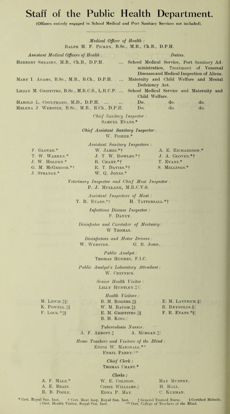 Staff of the Public Health Department. (Officers entirely engaged in School Medical and Port Sanitary Services not included). Medical Officer of Health : Ralph M. F. Picken, B.Sc., M.B., Ch.B., D.P.H. Assistant Medical Officers of Health : Herbert Sheasby, M.B., Ch.B., D.P.H. Mary I. Adams, B.Sc., M.B., B.Ch., D.P.H. Lilian M. Griffiths, B.Sc., M.R.C.S., L.R.C.P. ... Harold L. Coulthard, M.D., D.P.H. ... Helena J. Webster, B.Sc., M.B., B.Ch., D.P.H. Duties. School Medical Service, Port Sanitary Ad- ministration, Treatment of Venereal Diseases and Medical Inspection of Aliens. Maternity and Child Welfare and Mental Deficiency Act. School Medical Service and Maternity and Child Welfare. Do. do. do. Do. do. do. Chief Sanitary Inspector : Samuel Evans.* Chief Assistant Sanitary Inspector: W. Fisher.* F. Glover.* T. W. Warren.* J. W. Holden.* G. M. McGregor.*! J. Strange.* Assistant Sanitary Inspectors : W. James.*! A. E. Richardson.* J. T. W. Rowles.*! J. A. Glover.*! R. Chant.*! T. Evans.* R. T. Davies.*! S. Mellings.* W. G. Jones.* Veterinary Inspector and Chief Meat Inspector : P. J. Mullane, M.R.C.V.S. Assistant Inspectors of Meat : T. R. Evans.*! H. Tattersall.*! Infectious Disease Inspector : F. Davey. Disinfector and Caretaker of Mortuary : W Thomas. Disinfectors and Motor Drivers : W. Webster. G. R. John. Public Analyst: Thomas Hughes, F.I.C. Public Analyst’s Laboratory Attendant: M. Lewis.!§|j W. Chinnicic. Senior Health Visitor : Lilly Huntley.1 Health Visitors : B. M. Rogers.|§ E. M. Laverick.§| K. Powell. !§ W. M. Baugh.!§ R. Reynolds.§|| F. Lock.*!§ E. M. Griffiths.t§ F. R. Evans.*§|! B. H. KingJ! Tubercidosis Nurses: A. F. Abbott.J A. Morgan.J|| Home Teachers and Visitors of the Blind : Edith W. Marshall.** Ethel Parry.'* Chief Clerk : Thomas Chant.* Clerks: A. F. Male.* W. E. Colston. May Murphy. A. E. Brain. Cissie Williams.|| H. Hall. R. B. Poole. Edna P. May. C. Kerman. * Cert. Royal San. Inst. t Cert. Meat Insp. Royal San. Inst, J General Trained Nurse. § Certified Midwife. || Cert. Health Visitor, Royal San. Inst, ** Cert. College of Teachers of the Blind.