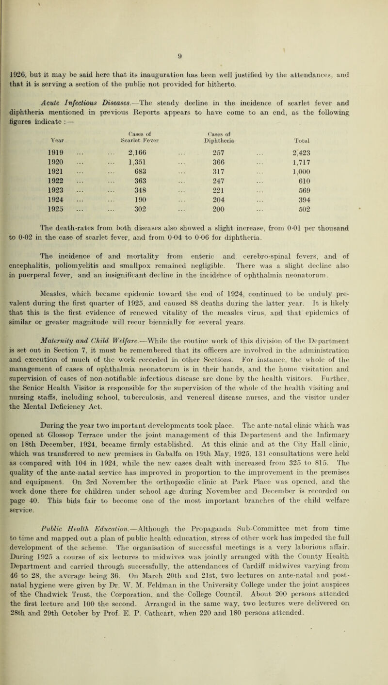 1926, but it may be said here that its inauguration has been well justified by the attendances, and that it is serving a section of the public not provided for hitherto. Acute Infectious Diseases.—The steady decline in the incidence of scarlet fever and diphtheria mentioned figures indicate :— in previous Reports Cases of appears to have come to an end, Cases of as the following Year Scarlet Fever Diphtheria Total 1919 2,166 257 2,423 1920 1,351 366 1,717 1921 683 317 1,000 1922 363 247 610 1923 348 221 569 1924 190 204 394 1925 302 200 502 The death-rates from both diseases also showed a slight increase, from 0-01 per thousand to 0-02 in the case of scarlet fever, and from 0-04 to 0-06 for diphtheria. The incidence of and mortality from enteric and cerebro-spinal fevers, and of encephalitis, poliomyelitis and smallpox remained negligible. There was a slight decline also in puerperal fever, and an insignificant decline in the incidence of ophthalmia neonatorum. Measles, which became epidemic toward the end of 1924, continued to be unduly pre- valent during the first quarter of 1925, and caused 88 deaths during the latter year. It is likely that this is the first evidence of renewed vitality of the measles virus, and that epidemics of similar or greater magnitude will recur biennially for several years. Maternity and Child Welfare.-—While the routine work of this division of the Department is set out in Section 7, it must be remembered that its officers are involved in the administration and execution of much of the work recorded in other Sections. For instance, the whole of the management of cases of ophthalmia neonatorum is in their hands, and the home visitation and supervision of cases of non-notifiable infectious disease are done by the health visitors. Further, the Senior Health Visitor is responsible for the supervision of the whole of the health visiting and nursing staffs, including school, tuberculosis, and venereal disease nurses, and the visitor under the Mental Deficiency Act. During the year two important developments took place. The ante-natal clinic which was opened at Glossop Terrace under the joint management of this Department and the Infirmary on 18th December, 1924, became firmly established. At this clinic and at the City Hall clinic, which was transferred to new premises in Gabalfa on 19th May, 1925, 131 consultations were held as compared with 104 in 1924, while the new cases dealt with increased from 325 to 815. The quality of the ante-natal service has improved in proportion to the improvement in the premises and equipment. On 3rd November the orthopaedic clinic at Park Place was opened, and the work done there for children under school age during November and December is recorded on page 40. This bids fair to become one of the most important branches of the child welfare service. Public Health Education.—Although the Propaganda Sub-Committee met from time to time and mapped out a plan of public health education, stress of other work has impeded the full development of the scheme. The organisation of successful meetings is a very laborious affair. During 1925 a course of six lectures to midwives was jointly arranged with the County Health Department and carried through successfully, the attendances of Cardiff midwives varying from 46 to 28, the average being 36. On March 20th and 21st, two lectures on ante-natal and post- natal hygiene were given by Dr. W. M. Feldman in the University College under the joint auspices of the Chadwick Trust, the Corporation, and the College Council. About 200 persons attended the first lecture and 100 the second. Arranged in the same way, two lectures were delivered on 28th and 29th October by Prof. E. P. Cathcart, when 220 and 180 persons attended.