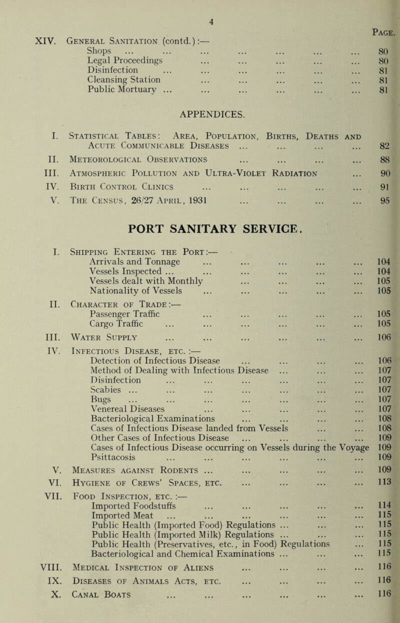 Page. XIV. General Sanitation (contd.):— Shops ... ... ... ... ... ... ... 80 Legal Proceedings ... ... ... ... ... 80 Disinfection ... ... ... ... ... ... 81 Cleansing Station ... ... ... ... ... 81 Public Mortuary ... ... ... ... ... ... 81 APPENDICES. I. Statistical Tables: Area, Population, Births, Deaths and Acute Communicable Diseases ... ... ... ... 82 II. Meteorological Observations ... ... ... ... 88 III. Atmospheric Pollution and Ultra-Violet Radiation ... 90 IV. Birth Control Clinics ... ... ... ... ... 91 V. The Census, 26/27 April, 1931 ... ... ... ... 95 PORT SANITARY SERVICE. I. Shipping Entering the Port:— Arrivals and Tonnage ... ... ... ... ... 104 Vessels Inspected ... ... ... ... ... ... 104 Vessels dealt with Monthly ... ... ... ... 105 Nationality of Vessels ... ... ... ... ... 105 II. Character of Trade:— Passenger Traffic ... ... ... ... ... 105 Cargo Traffic ... ... ... ... ... ... 105 III. Water Supply ... ... ... ... ... ... 106 IV. Infectious Disease, etc. :— Detection of Infectious Disease ... ... ... ... 106 Method of Dealing with Infectious Disease ... ... ... 107 Disinfection ... ... ... ... ... ... 107 Scabies ... ... ... ... ... ... ... 107 Bugs ... ... ... ... ... ... ... 107 Venereal Diseases ... ... ... ... ... 107 Bacteriological Examinations ... ... ... ... 108 Cases of Infectious Disease landed from Vessels ... ... 108 Other Cases of Infectious Disease ... ... ... ... 109 Cases of Infectious Disease occurring on Vessels during the Voyage 109 Psittacosis ... ... ... ... ... ... 109 V. Measures against Rodents ... ... ... ... ... 109 VI. Hygiene of Crews’ Spaces, etc. ... ... ... ... 113 VII. Food Inspection, etc. :— Imported Foodstuffs ... ... ... ... ... 114 Imported Meat ... ... ... ... ... ... 115 Public Health (Imported Food) Regulations ... ... ... 115 Public Health (Imported Milk) Regulations ... ... ... 115 Public Health (Preservatives, etc., in Food) Regulations ... 115 Bacteriological and Chemical Examinations ... ... ... 115 VIII. Medical Inspection of Aliens ... ... ... ... 116 IX. Diseases of Animals Acts, etc. ... ... ... ... 116 X. Canal Boats ... ... ... ... ... ... 116