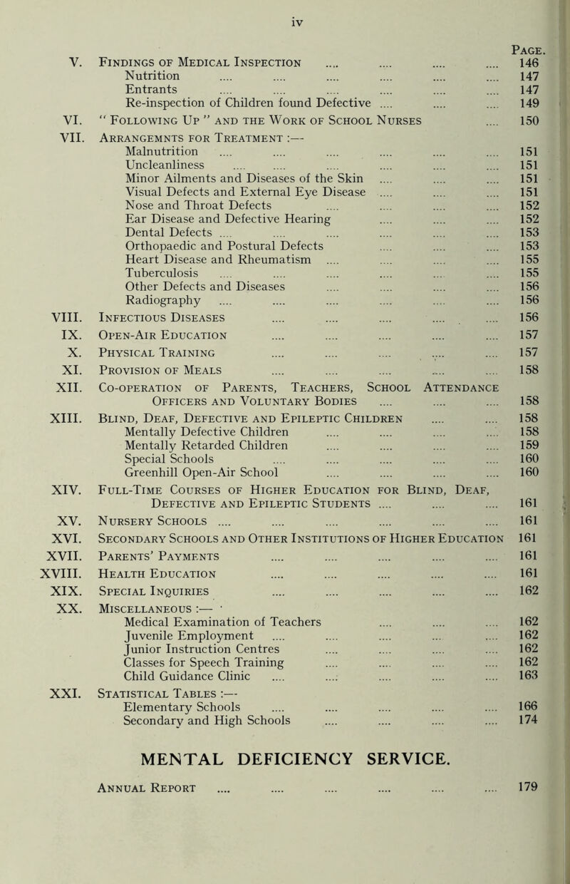 Page. Y. Findings of Medical Inspection .... .... .... .... 146 Nutrition .... .... .... .... .... .... 147 Entrants .... .... .... .... .... .... 147 Re-inspection of Children found Defective .... .... .... 149 VI.  Following Up ” and the Work of School Nurses .... 150 VII. Arrangemnts for Treatment :— Malnutrition .... .... .... .... .... .... 151 Uncleanliness .... .... .... .... .... .... 151 Minor Ailments and Diseases of the Skin .... .... .... 151 Visual Defects and External Eye Disease .... .... .... 151 Nose and Throat Defects .... .... .... .... 152 Ear Disease and Defective Hearing .... .... .... 152 Dental Defects .... .... .... .... .... .... 153 Orthopaedic and Postural Defects .... .... .... 153 Heart Disease and Rheumatism .... .... .... .... 155 Tuberculosis .... .... .... .... ... .... 155 Other Defects and Diseases .... .... .... .... 156 Radiography .... .... .... .... .... .... 156 VIII. Infectious Diseases .... .... .... .... .... 156 IX. Open-Air Education .... .... .... .... .... 157 X. Physical Training .... .... .... .... .... 157 XI. Provision of Meals .... .... .... ... 158 XII. Co-operation of Parents, Teachers, School Attendance Officers and Voluntary Bodies .... .... .... 158 XIII. Blind, Deaf, Defective and Epileptic Children .... .... 158 Mentally Defective Children .... .... .... .. . 158 Mentally Retarded Children .... .... .... .... 159 Special Schools .... .... .... .... .... 160 Greenhill Open-Air School .... .... .... .... 160 XIV. Full-Time Courses of Higher Education for Blind, Deaf, Defective and Epileptic Students .... .... .... 161 XV. Nursery Schools .... .... .... .... .... .... 161 XVI. Secondary Schools and Other Institutions of Higher Education 161 XVII. Parents’ Payments .... .... .... .... .... 161 XVIII. Health Education .... .... .... .... .... 161 XIX. Special Inquiries .... .... .... .... .... 162 XX. Miscellaneous :— ■ Medical Examination of Teachers .... .... .... 162 Juvenile Employment .... .... .... ... .... 162 Junior Instruction Centres .... .... .... .... 162 Classes for Speech Training .... .... .... .... 162 Child Guidance Clinic .... ..„ .... .... .... 163 XXI. Statistical Tables :— Elementary Schools .... .... .... .... .... 166 Secondary and High Schools .... .... .... .... 174 MENTAL DEFICIENCY SERVICE. Annual Report .... .... .... .... .... .... 179
