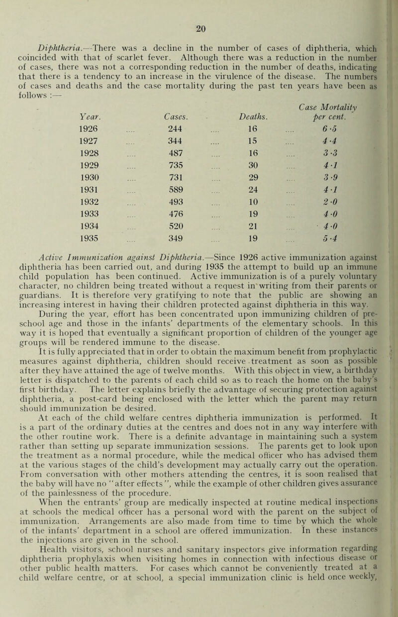 Diphtheria.—There was a decline in the number of cases of diphtheria, which coincided with that of scarlet fever. Although there was a reduction in the number of cases, there was not a corresponding reduction in the number of deaths, indicating that there is a tendency to an increase in the virulence of the disease. The numbers of cases and deaths and the case mortality during the past ten years have been as follows :— Year. Cases. Deaths. Case Mortality per cent. 1926 244 16 6-5 1927 344 15 4-4 1928 487 16 3-3 1929 735 30 4-1 1930 731 29 3-9 1931 589 24 41 1932 493 10 2-0 1933 476 19 4-0 1934 520 21 4-0 1935 349 19 5-4 Active Immunization against Diphtheria.—Since 1926 active immunization against diphtheria has been carried out, and during 1935 the attempt to build up an immune child population has been continued. Active immunization is of a purely voluntary character, no children being treated without a request in writing from their parents or guardians. It is therefore very gratifying to note that the public are showing an increasing interest in having their children protected against diphtheria in this way- During the year, effort has been concentrated upon immunizing children of pre- school age and those in the infants’ departments of the elementary schools. In this way it is hoped that eventually a significant proportion of children of the younger age groups will be rendered immune to the disease. It is fully appreciated that in order to obtain the maximum benefit from prophylactic measures against diphtheria, children should receive treatment as soon as possible after they have attained the age of twelve months. With this object in view, a birthday letter is dispatched to the parents of each child so as to reach the home on the baby's first birthday. The letter explains briefly the advantage of securing protection against diphtheria, a post-card being enclosed with the letter which the parent may return should immunization be desired. At each of the child welfare centres diphtheria immunization is performed. It is a part of the ordinary duties at the centres and does not in any way interfere with the other routine work. There is a definite advantage in maintaining such a system rather than setting up separate immunization sessions. The parents get to look upon the treatment as a normal procedure, while the medical officer who has advised them at the various stages of the child’s development may actually carry out the operation. From conversation with other mothers attending the centres, it is soon realised that the baby will have no “after effects”, while the example of other children gives assurance of the painlessness of the procedure. When the entrants’ group are medically inspected at routine medical inspections at schools the medical officer has a personal word with the parent on the subject of immunization. Arrangements are also made from time to time by which the whole of the infants’ department in a school are offered immunization. In these instances the injections are given in the school. Health visitors, school nurses and sanitary inspectors give information regarding diphtheria prophylaxis when visiting homes in connection with infectious disease or other public health matters. For cases which cannot be conveniently treated at a child welfare centre, or at school, a special immunization clinic is held once weekly,