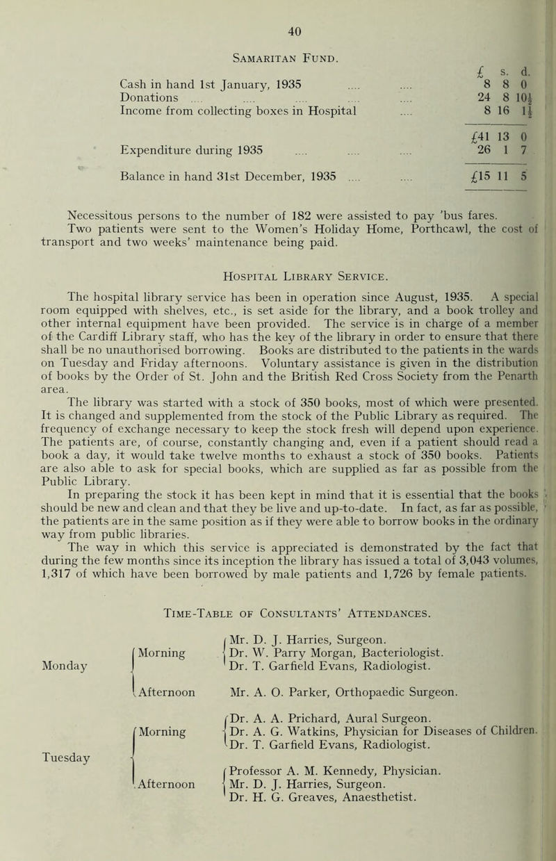 Samaritan Fund. £ s. d. Cash in hand 1st January, 1935 .... .... 8 8 0 Donations .... .... .... 24 8 10| Income from collecting boxes in Hospital .... 8 16 1 i £41 13 0 Expenditure during 1935 .... 26 1 7 Balance in hand 31st December, 1935 .... .... £15 11 5 Necessitous persons to the number of 182 were assisted to pay ’bus fares. Two patients were sent to the Women’s Holiday Home, Porthcawl, the cost of transport and two weeks’ maintenance being paid. Hospital Library Service. The hospital library service has been in operation since August, 1935. A special room equipped with shelves, etc., is set aside for the library, and a book trolley and other internal equipment have been provided. The service is in charge of a member of the Cardiff Library staff, who has the key of the library in order to ensure that there shall be no unauthorised borrowing. Books are distributed to the patients in the wards on Tuesday and Friday afternoons. Voluntary assistance is given in the distribution of books by the Order of St. John and the British Red Cross Society from the Penarth area. The library was started with a stock of 350 books, most of which were presented. It is changed and supplemented from the stock of the Public Library as required. The frequency of exchange necessary to keep the stock fresh will depend upon experience. The patients are, of course, constantly changing and, even if a patient should read a book a day, it would take twelve months to exhaust a stock of 350 books. Patients are also able to ask for special books, which are supplied as far as possible from the Public Library. In preparing the stock it has been kept in mind that it is essential that the books should be new and clean and that they be live and up-to-date. In fact, as far as possible, the patients are in the same position as if they were able to borrow books in the ordinary way from public libraries. The way in which this service is appreciated is demonstrated by the fact that during the few months since its inception the library has issued a total of 3,043 volumes, 1,317 of which have been borrowed by male patients and 1,726 by female patients. Monday Tuesday Time-Table of Consultants’ Attendances. I Mr. D. J. Harries, Surgeon. Morning Dr. W. Parry Morgan, Bacteriologist. Dr. T. Garfield Evans, Radiologist. Afternoon Mr. A. O. Parker, Orthopaedic Surgeon. | Dr. A. A. Prichard, Aural Surgeon. Dr. A. G. Watkins, Physician for Diseases of Children ■Dr. T. Garfield Evans, Radiologist. r Professor A. M. Kennedy, Physician. Morning Afternoon I Mr. D. J. Harries, Surgeon. Dr. H. G. Greaves, Anaesthetist.