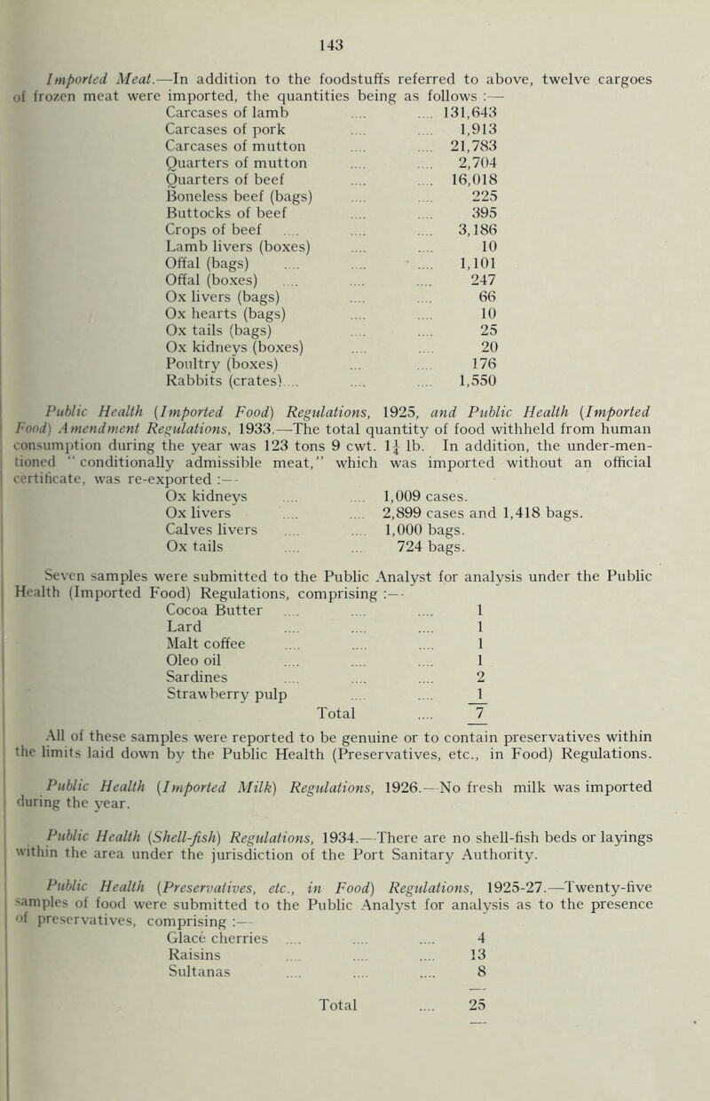 Imported Meat.—In addition to the foodstuffs referred to above, of frozen meat were imported, the quantities being as follows :— Carcases of lamb Carcases of pork Carcases of mutton Quarters of mutton Quarters of beef Boneless beef (bags) Buttocks of beef Crops of beef Lamb livers (boxes) Offal (bags) Offal (boxes) Ox livers (bags) Ox hearts (bags) Ox tails (bags) Ox kidneys (boxes) Poultry (boxes) Rabbits (crates).... 131,643 1,913 21,783 2,704 16,018 225 395 3,186 10 1,101 247 66 10 25 20 176 1,550 twelve cargoes Public Health (Imported Food) Food) Amendment Regulations, 1933.- consumption during the year was 123 tons 9 cwt. tioned “conditionally admissible meat,” which certificate, was re-exported :— Ox kidneys Ox livers Calves livers Ox tails Regulations, 1925, and Public Health (Imported -The total quantity of food withheld from human lb. In addition, the under-men- was imported without an official 1,009 cases. 2,899 cases and 1,418 bags. 1,000 bags. 724 bags. Seven samples were submitted to the Public Analyst for analysis under the Public Health (Imported Food) Regulations, comprising :— Cocoa Butter .... .... .... 1 Lard .... .... .... 1 Malt coffee .... .... .... 1 Oleo oil .... .... .... 1 Sardines .... .... .... 2 Strawberry pulp .... .... 1 Total .... T All of these samples were reported to be genuine or to contain preservatives within the limits laid down by the Public Health (Preservatives, etc., in Food) Regulations. Public Health (Imported Milk) Regulations, 1926.—No fresh milk was imported during the year. Public Health (Shell-fish) Regulations, 1934.—There are no shell-fish beds or layings within the area under the jurisdiction of the Port Sanitary Authority. Public Health (Preservatives, etc., in Food) Regulations, 1925-27.—Twenty-five samples of food were submitted to the Public Analyst for analysis as to the presence of preservatives, comprising :— Glace cherries .. 4 Raisins 13 Sultanas 8 Total 25