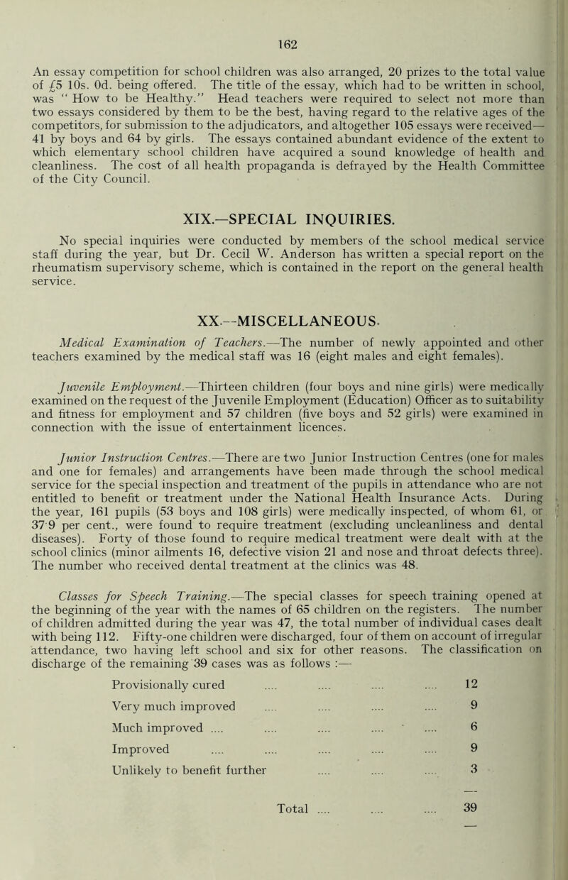 An essay competition for school children was also arranged, 20 prizes to the total value of £5 10s. Od. being offered. The title of the essay, which had to be written in school, was “ How to be Healthy.” Head teachers were required to select not more than two essays considered by them to be the best, having regard to the relative ages of the competitors, for submission to the adjudicators, and altogether 105 essays were received— 41 by boys and 64 by girls. The essays contained abundant evidence of the extent to which elementary school children have acquired a sound knowledge of health and cleanliness. The cost of all health propaganda is defrayed by the Health Committee of the City Council. XIX.—SPECIAL INQUIRIES. No special inquiries were conducted by members of the school medical service staff during the year, but Dr. Cecil W. Anderson has written a special report on the rheumatism supervisory scheme, which is contained in the report on the general health service. XX—MISCELLANEOUS. Medical Examination of Teachers.—The number of newly appointed and other teachers examined by the medical staff was 16 (eight males and eight females). Juvenile Employment.—Thirteen children (four boys and nine girls) were medically examined on the request of the Juvenile Employment (Education) Officer as to suitability and fitness for employment and 57 children (five boys and 52 girls) were examined in connection with the issue of entertainment licences. Junior Instruction Centres.—There are two Junior Instruction Centres (one for males and one for females) and arrangements have been made through the school medical service for the special inspection and treatment of the pupils in attendance who are not entitled to benefit or treatment under the National Health Insurance Acts. During the year, 161 pupils (53 boys and 108 girls) were medically inspected, of whom 61, or 37 9 per cent., were found to require treatment (excluding uncleanliness and dental diseases). Forty of those found to require medical treatment were dealt with at the school clinics (minor ailments 16, defective vision 21 and nose and throat defects three). The number who received dental treatment at the clinics was 48. Classes for Speech Training.—The special classes for speech training opened at the beginning of the year with the names of 65 children on the registers. The number of children admitted during the year was 47, the total number of individual cases dealt with being 112. Fifty-one children were discharged, four of them on account of irregular attendance, two having left school and six for other reasons. The classification on discharge of the remaining 39 cases was as follows :— Provisionally cured .... .... .. . .... 12 Very much improved .... .... .... .... 9 Much improved .... .... .... .... .... 6 Improved .... .... .... .... .... 9 Unlikely to benefit further .... .... ... 3 Total .... 39