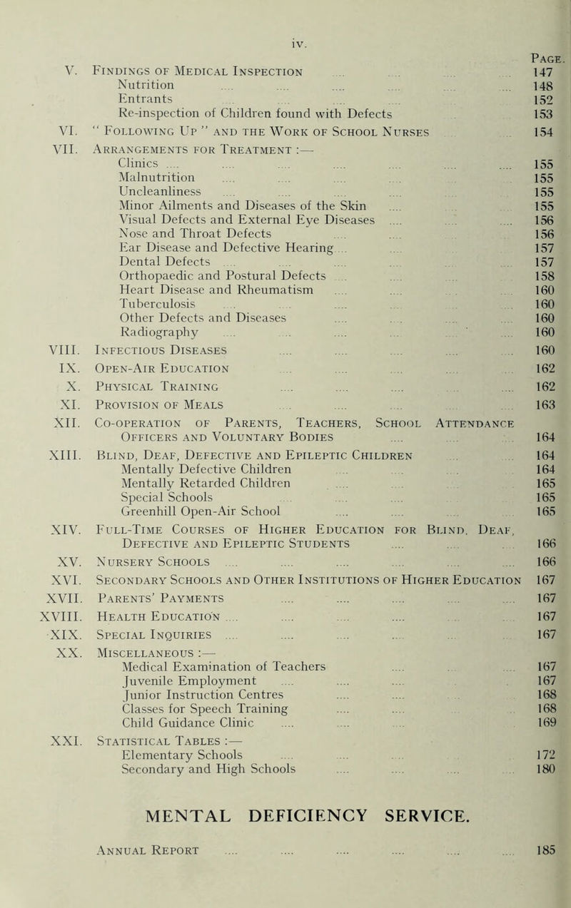 Page. V. Findings of Medical Inspection 147 Nutrition .... .... 148 Entrants . 152 Re-inspection of Children found with Defects 153 VI. “ Following Up ” and the Work of School Nurses 154 VII. Arrangements for Treatment :— Clinics .... .... .. . . .. 155 Malnutrition .... 155 Uncleanliness .... 155 Minor Ailments and Diseases of the Skin 155 Visual Defects and External Eye Diseases .... ... 156 Nose and Throat Defects 156 Ear Disease and Defective Hearing 157 Dental Defects ......... 157 Orthopaedic and Postural Defects 158 Heart Disease and Rheumatism 160 Tuberculosis .... 160 Other Defects and Diseases .. . . 160 Radiography .... 160 VIII. Infectious Diseases .... . .. 160 IX. Open-Air Education .... 162 X. Physical Training .... .. . . .. .... 162 XI. Provision of Meals .... 163 XII. Co-operation of Parents, Teachers, School Attendance Officers and Voluntary Bodies .... 164 XIII. Blind, Deaf, Defective and Epileptic Children 164 Mentally Defective Children 164 Mentally Retarded Children 165 Special Schools 165 Greenhill Open-Air School .... 165 XIV. Full-Time Courses of Higher Education for Blind. Deaf, Defective and Epileptic Students .... 166 XV. Nursery Schools .... .... 166 XVI. Secondary Schools and Other Institutions of Higher Education 167 XVII. Parents’ Payments .... .... 167 XVIII. Health Education .... .. . .. . 167 XIX. Special Inquiries .... .... .... 167 XX. Miscellaneous :— Medical Examination of Teachers 167 Juvenile Employment .... .... ... 167 Junior Instruction Centres .... ... 168 Classes for Speech Training .... . 168 Child Guidance Clinic .... ... 169 XXI. Statistical Tables :— Elementary Schools .... ... 172 Secondary and High Schools .... . 180 MENTAL DEFICIENCY SERVICE. Annual Report .... .... .... .... .... 185