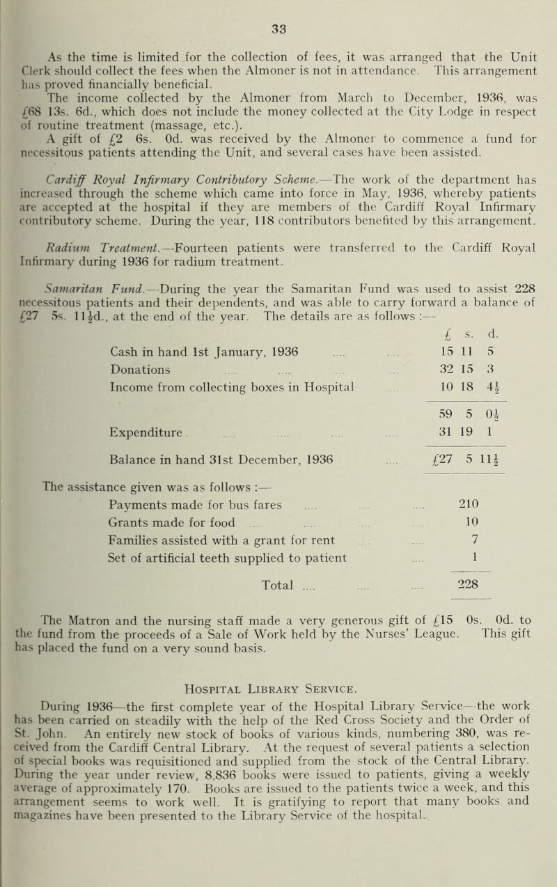 As the time is limited for the collection of fees, it was arranged that the Unit Clerk should collect the fees when the Almoner is not in attendance. This arrangement has proved financially beneficial. The income collected by the Almoner from March to December, 1936, was £68 13s. 6d., which does not include the money collected at the City Lodge in respect of routine treatment (massage, etc.). A gift of £2 6s. Od. was received by the Almoner to commence a fund for necessitous patients attending the Unit, and several cases have been assisted. Cardiff Royal Infirmary Contributory Scheme.—The work of the department has increased through the scheme which came into force in May, 1936, whereby patients are accepted at the hospital if they are members of the Cardiff Royal Infirmary contributory scheme. During the year, 118 contributors benefited by this arrangement. Radium Treatment.—Fourteen patients were transferred to the Cardiff Royal Infirmary during 1936 for radium treatment. Samaritan Fund.—During the year the Samaritan Fund was used to assist 228 necessitous patients and their dependents, and was able to carry forward a balance of £21 5s. lljd., at the end of the year. The details are as follows :— £ s. d. Cash in hand 1st January, 1936 15 11 5 Donations 32 15 3 Income from collecting boxes in Hospital 10 18 4| 59 5 01 Expenditure 31 19 1 Balance in hand 31st December, 1936 £27 5 iii The assistance given was as follows :— 210 10 7 1 Total .... 228 The Matron and the nursing staff made a very generous gift of £15 Os. Od. to the fund from the proceeds of a Sale of Work held by the Nurses’ League. This gift has placed the fund on a very sound basis. Payments made for bus fares Grants made for food Families assisted with a grant for rent Set of artificial teeth supplied to patient Hospital Library Service. During 1936—the first complete year of the Hospital Library Service—the work has been carried on steadily with the help of the Red Cross Society and the Order of St. John. An entirely new stock of books of various kinds, numbering 380, was re- ceived from the Cardiff Central Library. At the request of several patients a selection of special books was requisitioned and supplied from the stock of the Central Library. During the year under review, 8,836 books were issued to patients, giving a weekly average of approximately 170. Books are issued to the patients twice a week, and this arrangement seems to work well. It is gratifying to report that many books and magazines have been presented to the Library Service of the hospital.