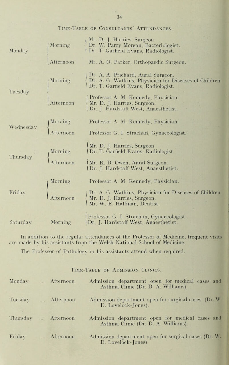 Time-Table of Consultants’ Attendances. Monday Morning i Mr. D. J. Harries, Surgeon. Dr. W. Parry Morgan, Bacteriologist. 1 Dr. T. Garfield Evans, Radiologist. Afternoon Mr. A. 0. Parker, Orthopaedic Surgeon. Tuesday Morning Afternoon j Dr. A. A. Prichard, Aural Surgeon. Dr. A. G. Watkins, Physician for Diseases of Children. ' Dr. T. Garfield Evans, Radiologist. I Professor A. M. Kennedy, Physician. Mr. D. J. Harries, Surgeon. 1 Dr. J. Hardstaff West, Anaesthetist. Wednesday Morning .Afternoon Professor A. M. Kennedv, Physician. Professor G. I. Strachan, Gynaecologist. Thursday r Morning Alternoon f Mr. D. J. Harries, Surgeon. (Dr. T. Garfield Evans, Radiologist. 1 Mr. R. D. Owen, Aural Surgeon. I Dr. J. Hardstaff West, Anaesthetist. j Morning Professor A. M. Kennedy, Physician. Friday j Afternoon j Dr. A. G. Watkins, Physician for Diseases of Children. Mr. D. J. Harries, Surgeon. I Mr. W. E. Hallinan, Dentist. Saturday Morning 1 Professor G. I. Strachan, Gynaecologist. (Dr. J. Hardstaff West, Anaesthetist. In addition to the regular attendances of the Professor of Medicine, frequent visits are made by his assistants from the Welsh National School of Medicine. The Professor of Pathology or his assistants attend when required. Time -Table of Admission Clinics. Monday Afternoon Admission department open for medical cases and Asthma Clinic (Dr. D. A. Williams). Tuesday Afternoon Admission department open for surgical cases (Dr. W D. Lovelock-Jones). Thursday Afternoon Admission department open for medical cases and Asthma Clinic (Dr. D. A. Williams). Friday Afternoon Admission department open for surgical cases (Dr. W. D. Lovelock-Jones).