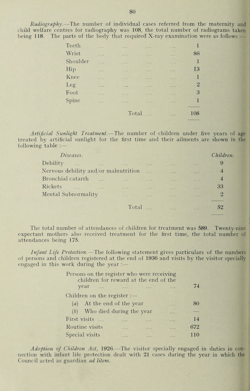 Radiography.—The number of individual cases referred from the maternity and child welfare centres for radiography was 108, the total number of radiograms taken being 118. The parts of the body that required X-ray examination were as follows :— Teeth 1 Wrist 86 Shoulder 1 Hip 13 Knee 1 Leg 2 Foot 3 Spine 1 Total .... 108 Artificial Sunlight Treatment.—The number of children under five years of age treated by artificial sunlight for the first time and their ailments are shown in the following table :— Diseases. Children. Debility .... .... .... .... .... .... 9 Nervous debility and/or malnutrition .... .... ... 4 Bronchial catarrh .... .... .... .... .... 4 Rickets .... .... .... .... . .... 33 Mental Subnormality .... .... .... .... 2 Total .... . . .... 52 The total number of attendances of children for treatment was 589. Twenty-nine expectant mothers also received treatment for the first time, the total number of attendances being 175. Infant Life Protection.—The following statement gives particulars of the numbers of persons and children registered at the end of 1936 and visits by the visitor specially engaged in this work during the year :— Persons on the register who were receiving children for reward at the end of the year .... .... .... .... 74 Children on the register :— (a) At the end of the year .... 80 (■b) Who died during the year First visits .... .... .... .... 14 Routine visits .... .... .... 672 Special visits .... .... .... 110 Adoption of Children Act, 1926.—The visitor specially engaged in duties in con- nection with infant life protection dealt with 21 cases during the year in which the Council acted as guardian ad litem.