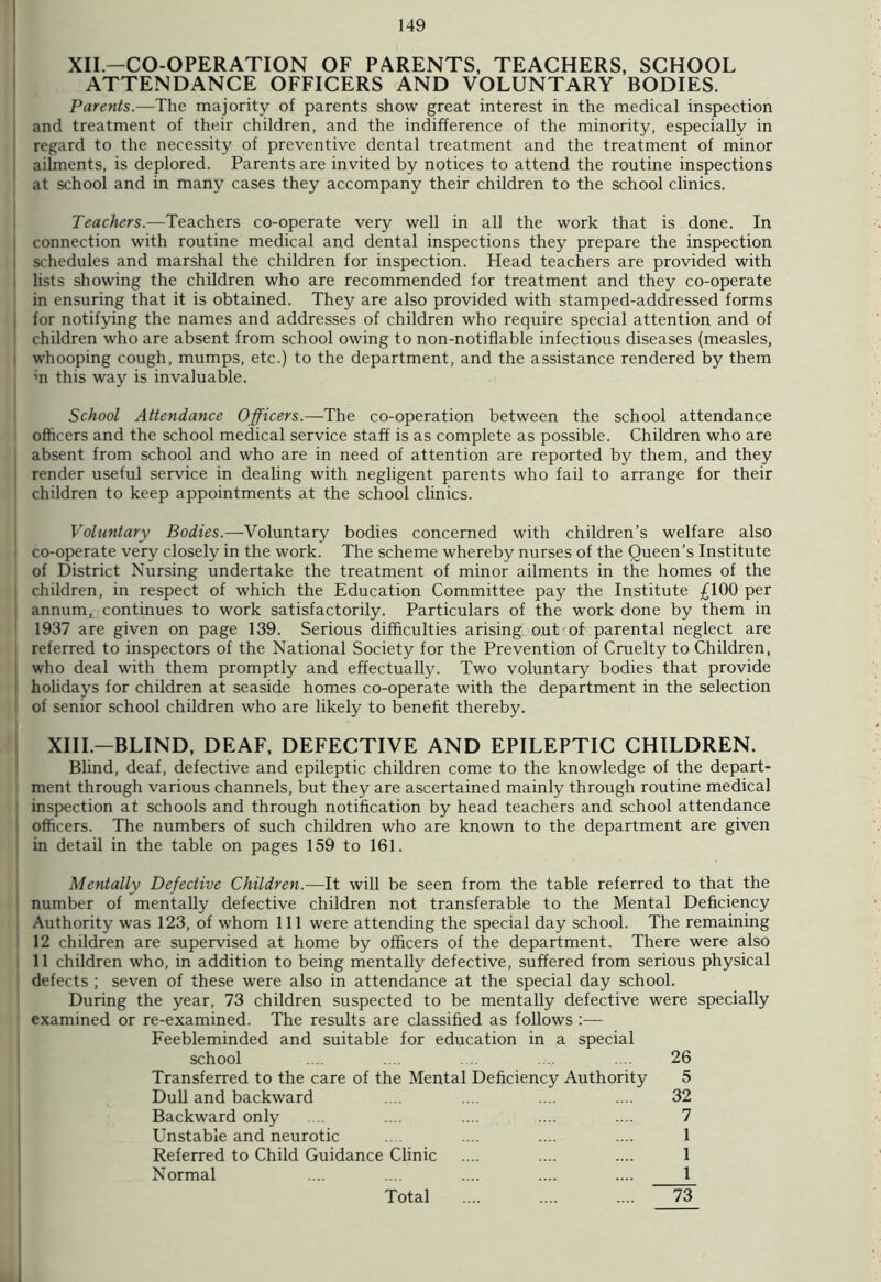XII— CO-OPERATION OF PARENTS, TEACHERS, SCHOOL ATTENDANCE OFFICERS AND VOLUNTARY BODIES. Parents.—The majority of parents show great interest in the medical inspection and treatment of their children, and the indifference of the minority, especially in regard to the necessity of preventive dental treatment and the treatment of minor ailments, is deplored. Parents are invited by notices to attend the routine inspections at school and in many cases they accompany their children to the school clinics. Teachers.—Teachers co-operate very well in all the work that is done. In connection with routine medical and dental inspections they prepare the inspection schedules and marshal the children for inspection. Head teachers are provided with lists showing the children who are recommended for treatment and they co-operate in ensuring that it is obtained. They are also provided with stamped-addressed forms | for notifying the names and addresses of children who require special attention and of j children who are absent from school owing to non-notiflable infectious diseases (measles, whooping cough, mumps, etc.) to the department, and the assistance rendered by them m this way is invaluable. School Attendance Officers.—The co-operation between the school attendance officers and the school medical service staff is as complete as possible. Children who are i absent from school and who are in need of attention are reported by them, and they render useful service in dealing with negligent parents who fail to arrange for their children to keep appointments at the school clinics. Voluntary Bodies.—Voluntary bodies concerned with children’s welfare also I co-operate very closely in the work. The scheme whereby nurses of the Queen’s Institute of District Nursing undertake the treatment of minor ailments in the homes of the children, in respect of which the Education Committee pay the Institute £100 per annum, continues to work satisfactorily. Particulars of the work done by them in 1937 are given on page 139. Serious difficulties arising out of parental neglect are referred to inspectors of the National Society for the Prevention of Cruelty to Children, who deal with them promptly and effectually. Two voluntary bodies that provide holidays for children at seaside homes co-operate with the department in the selection of senior school children who are likely to benefit thereby. XIII— BLIND, DEAF, DEFECTIVE AND EPILEPTIC CHILDREN. Blind, deaf, defective and epileptic children come to the knowledge of the depart- ment through various channels, but they are ascertained mainly through routine medical inspection at schools and through notification by head teachers and school attendance officers. The numbers of such children who are known to the department are given in detail in the table on pages 159 to 161. Mentally Defective Children.—It will be seen from the table referred to that the number of mentally defective children not transferable to the Mental Deficiency Authority was 123, of whom 111 were attending the special day school. The remaining 12 children are supervised at home by officers of the department. There were also 11 children who, in addition to being mentally defective, suffered from serious physical defects ; seven of these were also in attendance at the special day school. During the year, 73 children suspected to be mentally defective were specially examined or re-examined. The results are classified as follows :— Feebleminded and suitable for education in a special school .... .... .... .... 26 Transferred to the care of the Mental Deficiency Authority 5 Dull and backward .... .... .... .... 32 Backward only .... .... .... .... .... 7 Unstable and neurotic .... .... .... .... 1 Referred to Child Guidance Clinic .... .... .... 1 Normal .... .... .... .... .... 1_