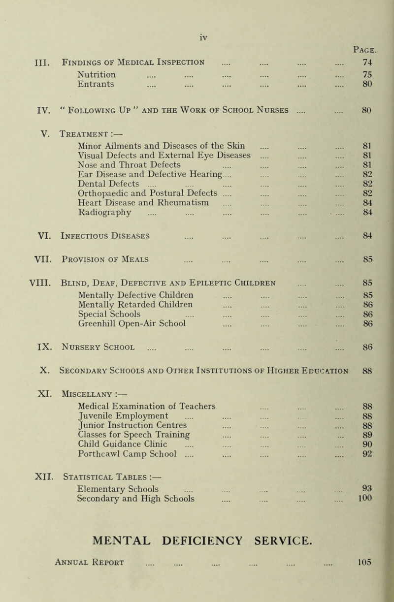 Page. III. Findings of Medical Inspection .... .... .... .... 74 Nutrition .... .... .... .... .... .... 75 Entrants .... .... .... .... .... .... 80 IV.  Following Up ” and the Work of School Nurses .... .... 80 V. Treatment :— Minor Ailments and Diseases of the Skin .... .... .... 81 Visual Defects and External Eye Diseases .... .... .... 81 Nose and Throat Defects .... .... .... .... 81 Ear Disease and Defective Hearing ... .... .... .... 82 Dental Defects .... .... .... .... .... .... 82 Orthopaedic and Postural Defects .... .... .... .... 82 Heart Disease and Rheumatism .... .... .... .... 84 Radiography .... .... .... .... .... .... 84 VI. Infectious Diseases .... .... .... .... .... 84 VII. Provision of Meals .... .... .... .... .... 85 VIII. Blind, Deaf, Defective and Epileptic Children .... .... 85 Mentally Defective Children .... .... .... .... 85 Mentally Retarded Children .... .... .... .... 86 Special Schools .... .... .... .... .... 86 Greenhill Open-Air School .... .... .... .... 86 IX. Nursery School .... .... .... .... .... .... 86 X. Secondary Schools and Other Institutions of Higher Education 88 XI. Miscellany :— Medical Examination of Teachers .... ... .... 88 Juvenile Employment .... .... .... . .... 88 Junior Instruction Centres .... .... .... .... 88 Classes for Speech Training .... .... .... ... 89 Child Guidance Clinic .... .... .... . .... 90 Porthcawl Camp School .... .... .... .... .... 92 XII. Statistical Tables :— Elementary Schools .... .... .... .... .... 93 Secondary and High Schools .... .... .... .... 100 MENTAL DEFICIENCY SERVICE. Annual Report 105