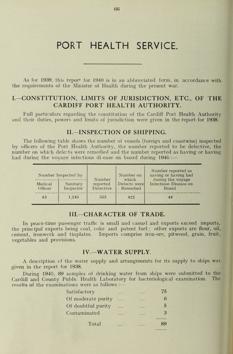 PORT HEALTH SERVICE. As for 1939, this, report for 1940 is in an abbreviated form, in accordance with the requirements of the Minister of Health during the present war. I.—CONSTITUTION, LIMITS OF JURISDICTION, ETC., OF THE CARDIFF PORT HEALTH AUTHORITY. Full particulars regarding the constitution of the Cardiff Port Health Authority and their duties, powers and limits of jurisdiction were given in the report for 1938. II.—INSPECTION OF SHIPPING. The following table shows the number of vessels (foreign and coastwise) inspected by officers of the Port Health Authority, the number reported to be defective, the number on which defects were remedied and the number reported as having or having had during the voyage infectious disease on board during 1940:— Number I nspected by Number reported Detective Number on which Defects were Remedied Number reported as having or having had during the voyage Infectious Disease on Board Medical Officer Sanitary Inspector 43 1,245 553 422 44 III.—CHARACTER OF TRADE. In peace-time passenger traffic is small and casual and exports exceed imports, the principal exports being coal, coke and patent fuel ; other exports are flour, oil, cement, ironwcrk and tinplates. Imports comprise iron-ore, pitwood, grain, fruit, vegetables and provisions. IV.—WATER SUPPLY. A description cf the water supply and arrangements for its supply to ships was given in the report for 1938. During 1940, 89 samples of drinking water from ships were submitted to the Cardiff and County Public Health Laboratory for bacteriological examination. The results of the examinations were as follows :— Satisfactory .... .... 75 Of moderate purity .. . .... 6 Of doubtful purity .... .... 5 Contaminated .... .... 3