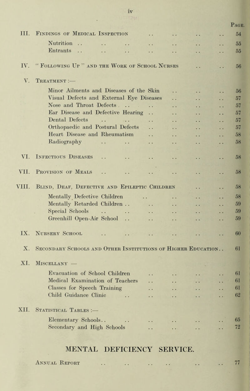 Page. III. Findings of Medical Inspection .. .. .. .. 54 Nutrition . . . . . . . . .. . . .. 55 Entrants . . .. .. .. . . .. .. 55 IV. “ Following Up ” and the Work of School Nurses .. .. 56 V. Treatment :— Minor Ailments and Diseases of the Skin .. . . . . 56 Visual Defects and External Eye Diseases . . .. .. 57 Nose and Throat Defects ... . . .. .. . . 57 Ear Disease and Defective Hearing .. .. .. .. 57 Dental Defects .. .. . . .. . . . . 57 Orthopaedic and Postural Defects . . . . .. .. 57 Heart Disease and Rheumatism .. . . . . .. 58 Radiography . . . . . . . . . . . . 58 VI. Infectious Diseases .. .. .. .. .. .. 58 VII. Provision of Meals .. .. .. .. .. .. 58 VIII. Blind, Deaf, Defective and Epileptic Children .. .. 58 Mentally Defective Children .. .. .. .. 58 Mentally Retarded Children .. .. . . . . .. 59 Special Schools .. .. .. . . . . .. 59 Greenhill Open-Air School . . .. . . .. . . 59 IX. Nursery School .. .. .. .. .. .. 60 X. Secondary Schools and Other Institutions of Higher Education. . 61 XI. Miscellany — Evacuation of School Children . . . . . . .. 61 Medical Examination of Teachers .. .. .. .. 61 Classes for Speech Training .. .. . . .. 61 Child Guidance Clinic .. .. .. .. .. 62 XII. Statistical Tables :— Elementary Schools. . . . . . .. .. .. 65 Secondary and High Schools .. . . .. .. 72 MENTAL DEFICIENCY SERVICE. Annual Report 77