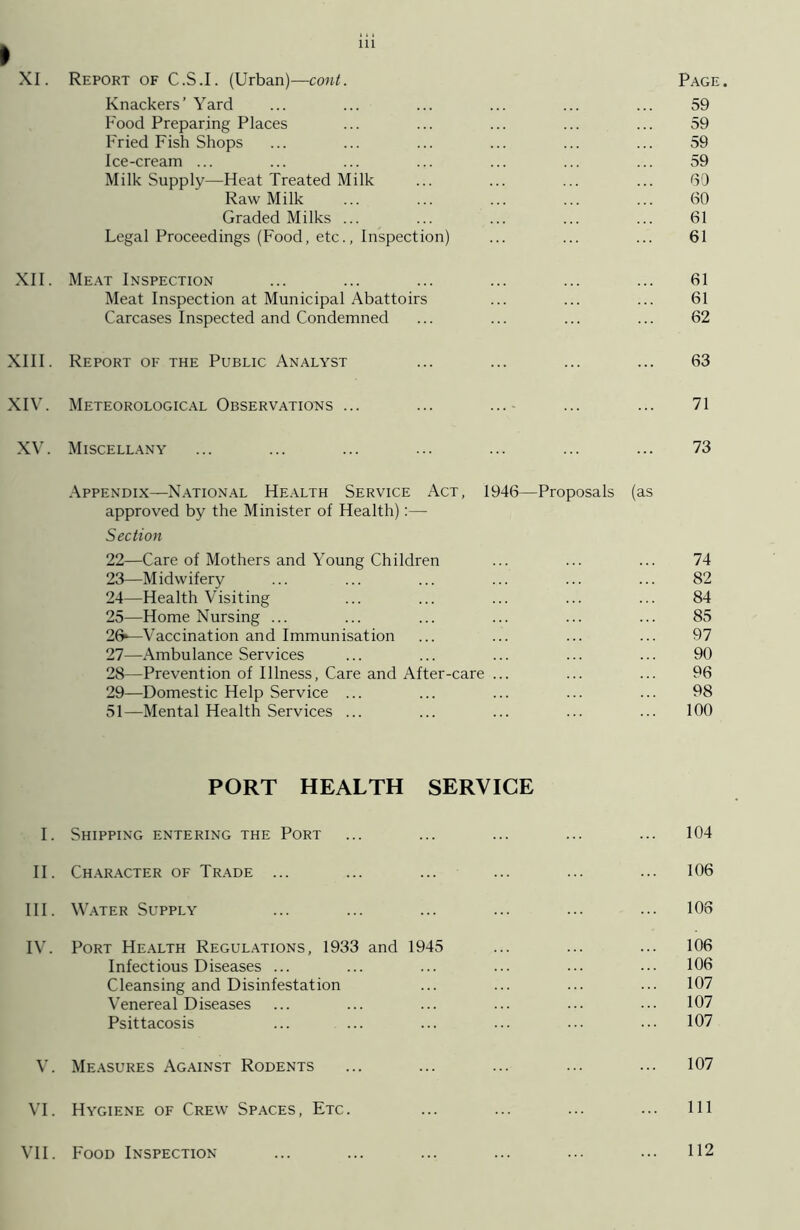 » XI. Report of C.S.I. (Urban)—cont. Page. Knackers’ Yard ... ... ... ... ... ... 59 Food Preparing Places ... ... ... ... ... 59 Fried Fish Shops ... ... ... ... ... ... 59 Ice-cream ... ... ... ... ... ... ... 59 Milk Supply—Heat Treated Milk ... ... ... ... GO Raw Milk ... ... ... ... ... 60 Graded Milks ... ... ... ... ... 61 Legal Proceedings (Food, etc., Inspection) ... ... ... 61 XII. Meat Inspection ... ... ... ... ... ... 61 Meat Inspection at Municipal Abattoirs ... ... ... 61 Carcases Inspected and Condemned ... ... ... ... 62 XIII. Report of the Public Analyst ... ... ... ... 63 XIV. Meteorological Observations ... ... ...- ... ... 71 XV. Miscellany ... ... ... ... ... ... ... 73 Appendix—National Health Service Act, 1946—Proposals (as approved by the Minister of Health):— Section 22— Care of Mothers and Young Children ... ... ... 74 23— Midwifery ... ... ... ... ... ... 82 24— Health Visiting ... ... ... ... ... 84 25— Home Nursing ... ... ... ... ... ... 85 26— Vaccination and Immunisation ... ... ... ... 97 27— Ambulance Services ... ... ... ... ... 90 28— Prevention of Illness, Care and After-care ... ... ... 96 29— Domestic Help Service ... ... ... ... ... 98 51—Mental Health Services ... ... ... ... ... 100 PORT HEALTH SERVICE I. Shipping entering the Port ... ... ... ... ... 104 II. Character of Trade ... ... ... ... ... ... 106 III. Water Supply ... ... ... ... ... ... 108 IV. Port Health Regulations, 1933 and 1945 ... ... ... 106 Infectious Diseases ... ... ... ... ... ... 106 Cleansing and Disinfestation ... ... ... ... 107 Venereal Diseases ... ... ... ... ... 107 Psittacosis ... ... ... ... ... ... 107 V. Measures Against Rodents ... ... ... ... ... 107 VI. Hygiene of Crew Spaces, Etc. ... ... ... ... Ill VII. Food Inspection ... ... ... ... ... ... 112