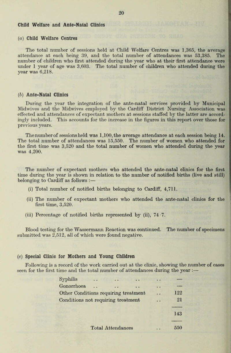 Child Welfare and Ante-Natal Clinics (a) Child Welfare Centres The total number of sessions held at Child Welfare Centres was 1,365, the average attendance at each being 39, and the total number of attendances was 53,385. The number of children who first attended during the year who at their first attendance were under 1 year of age was 3,603. The total number of children who attended during the year was 6,218. (b) Ante-Natal Clinics During the year the integration of the ante-natal services provided by Municipal Midwives and the Midwives employed by the Cardiff District Nursing Association was effected and attendances of expectant mothers at sessions staffed by the latter are accord- ingly included. This accounts for the increase in the figures in this report over those for previous years. The number of sessions held was 1,100, the average attendance at each session being 14. The total number of attendances was 15,550. The number of women who attended for the first time was 3,520 and the total number of women who attended during the year was 4,200. The number of expectant mothers who attended the ante-natal clinics for the first time during the year is shown in relation to the number of notified births (live and still) belonging to Cariflf as follows :— (i) Total number of notified births belonging to Cardiff, 4,711. (ii) The number of expectant mothers who attended the ante-natal cfinics for the first time, 3,520. (iii) Percentage of notified births represented by (ii), 74 -7. Blood testing for the Wassermann Reaction was continued. The number of specimens submitted was 2,512, all of which were found negative. (c) Special Clinic for Mothers and Young Children Following is a record of the work carried out at the clinic, showing the number of cases seen for the first time and the total number of attendances during the year ;—• Syphihs .. .. .. .. ■— Gonorrhoea .. .. .. .. — Other Conditions requiring treatment .. 122 Conditions not requiring treatment .. 21 143 Total Attendances 550