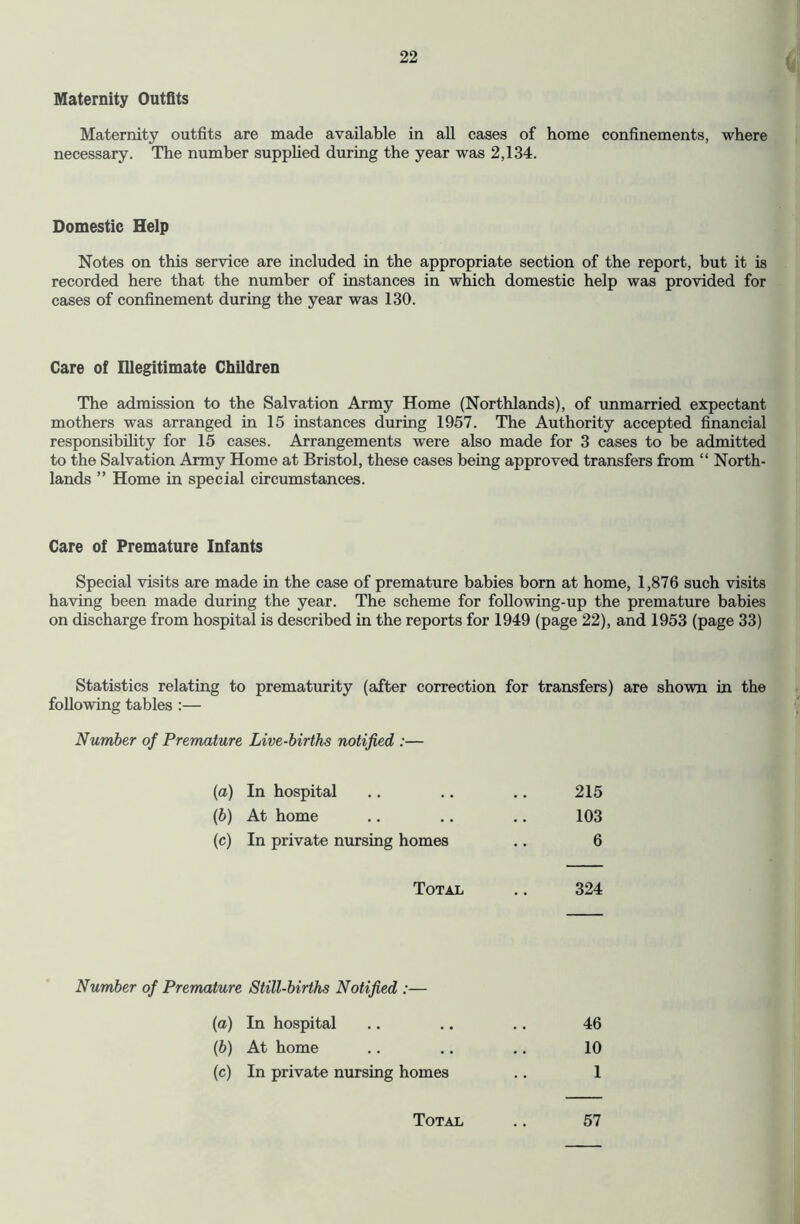 Maternity Outfits Maternity outfits are made available in all cases of home confinements, where necessary. The number supplied during the year was 2,134. Domestic Help Notes on this service are included in the appropriate section of the report, but it is recorded here that the number of instances in which domestic help was provided for cases of confinement during the year was 130. Care of Dlegitimate Children The admission to the Salvation Army Home (Northlands), of unmarried expectant mothers was arranged in 15 instances during 1957. The Authority accepted financial responsibility for 15 cases. Arrangements were also made for 3 cases to be admitted to the Salvation Army Home at Bristol, these cases being approved transfers from “ North- lands ” Home in special circumstances. Care of Premature Infants Special visits are made in the case of premature babies born at home, 1,876 such visits having been made during the year. The scheme for following-up the premature babies on discharge from hospital is described in the reports for 1949 (page 22), and 1953 (page 33) Statistics relating to prematurity (after correction for transfers) are shown in the following tables :— Number of Premature Live-births notified :— (o) In hospital .. .. .. 215 {b) At home .. .. .. 103 (c) In private nursing homes .. 6 Total ., 324 Number of Premature Still-births Notified :— (а) In hospital .. .. .. 46 (б) At home .. .. .. 10 (c) In private nursing homes .. 1 Total 57