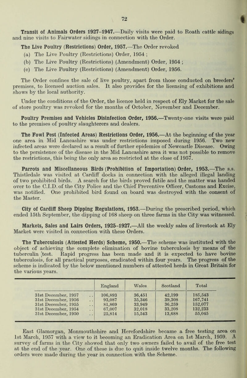 Transit of Animals Orders 1927-1947.—Daily visits were paid to Roath cattle sidings and nine visits to Fairwater sidings in connection with the Order. The Live Poultry (Restrictions) Order, 1957.—The Order revoked (a) The Live Poultry (Restrictions) Order, 1954 ; (b) The Live Poultry (Restrictions) (Amendment) Order, 1954 ; (c) The Live Poultry (Restrictions) (Amendment) Order, 1956. The Order confines the sale of live poultry, apart from those conducted on breeders’ premises, to licensed auction sales. It also provides for the licensing of exhibitions and shows by the local authority. Under the conditions of the Order, the licence held in respect of Ely Market for the sale of store poultry was revoked for the months of October, November and December. Poultry Premises and Vehicles Disinfection Order, 1956.—Twenty-one visits were paid to the premises of poultry slaughterers and. dealers. The Fowl Pest (Infected Areas) Restrictions Order, 1956.—At the beginning of the year one area in Mid Lancashire was under restrictions imposed during 1956. Two new infected areas were declared as a result of further epidemics of Newcastle Disease. Owing to the persistence of the disease in the Mid Lancashire area it was not possible to remove the restrictions, this being the only area so restricted at the close of 1957. Parrots and Miscellaneous Birds (Prohibition of Importation) Order, 1953.—The s.s. Thistledale was visited at Cardiff docks in connection with the alleged illegal landing of two prohibited birds. A search for the birds proved futile and the matter was handed over to the C.I.D. of the City Police and the Chief Preventive Officer, Customs and Excise, was notified. One prohibited bird found on board was destroyed with the consent of the Master. City of Cardiff Sheep Dipping Regulations, 1953.—During the prescribed period, which ended 15th September, the dipping of 168 sheep on three farms in the City was witnessed. Markets, Sales and Lairs Orders, 1925-1927.—All the weekly sales of livestock at Ely Market were visited in connection with these Orders. The Tuberculosis (Attested Herds) Scheme, 1950.—The scheme was instituted with the object of achieving the complete elimination of bovine tuberculosis by means of the tubercuhn [test. Rapid progress has been made and it is expected to have bovine tuberculosis, for all practical purposes, eradicated within four years. The progress of the scheme is indicated by the below mentioned numbers of attested herds in Great Britain for the various years. England Wales Scotland Total 31st December, 1957 106,893 36,451 42,199 185,543 31st December, 1966 93,087 35,346 39,308 167,741 31st December, 1955 81,869 33,949 36,259 152,077 31st December, 1954 67,007 32,018 33,208 132,233 31st December, 1950 25,814 16,543 13,688 55,045 East Glamorgan, Monmouthshire and Herefordshire became a free testing area on 1st March, 1957 with a view to it becoming an Eradication Area on 1st March, 1959. A survey of farms in the City showed that only two owners failed to avail of the free test at the end of the year. One of these is due to quit inside twelve months. The following orders were made during the year in connection with the Scheme.