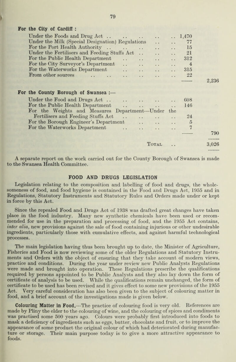 For the City of Cardiff : Under the Foods and Drug Act .. .. .. .. ., 1,470 Under the Milk (Special Designation) Regulations .. .. 77 For the Port Health Authority .. . . .. .. .. 15 Under the Fertilisers and Feeding Stuffs Act .. .. .. 21 For the Pubhc Health Department .. .. .. .. 312 For the City Surveyor’s Department .. .. .. .. 4 For the Waterworks Department . . .. .. .. 315 From other sources .. .. .. .. .. . . 22 For the County Borough of Swansea :— Under the Food and Drugs Act .. For the Public Health Department For the Weights and Measures Department—Under the Fertihsers and Feeding Stuffs Act For the Borough Engineer’s Department For the Waterworks Department 608 146 24 5 7 2,236 790 Total 3,026 A separate report on the work carried out for the County Borough of Swansea is made to the Swansea Health Committee. FOOD AND DRUGS LEGISLATION Legislation relating to the composition and labelling of food and drugs, the whole- someness of food, and food hygiene is contained in the Food and Drugs Act, 1955 and in Regulations, Statutory Instruments and Statutory Rules and Orders made under or kept in force by this Act. Since the repealed Food and Drugs Act of 1938 was drafted great changes have taken place in the food industry. Many new synthetic chemicals have been used or recom- mended for use in the preparation and processing of food, and the 1955 Act contains, inter alia, new provisions against the sale of food containing injurious or other undesirable ingredients, particularly those with cumulative effects, and against harmful technological processes. The main legislation having thus been brought up to date, the Minister of Agriculture, Fisheries and Food is now reviewing some of the older Regulations and Statutory Instru- ments and Orders with the object of ensuring that they take account of modern views, practice and conditions. During the year under review new Public Analysts Regulations were made and brought into operation. These Regulations prescribe the qualifications required by persons appointed to be Public Analysts and they also lay down the form of certificate of analysis to be used. While the qualifications remain unchanged, the form of certificate to be used has been revised and it gives effect to some new provisions of the 1955 Act. Very careful consideration has also been given to the subject of colouring matter in food, and a brief account of the investigations made is given below. Colouring Matter in Food.—The practice of colouring food is very old. References are made by Pliny the elder to the colouring of wine, and the colouring of spices and condiments was practised some 500 years ago. Colours were probably first introduced into foods to mask a deficiency of ingredients such as eggs, butter, chocolate and fruit, or to improve the appearance of some product the original colour of which had deteriorated during manufac- ture or storage. Their main purpose today is to give a more attractive appearance to foods.