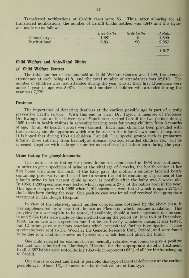 Transferred notifications of Cardiff cases were 56. Thus, after allowing for all transferred notifications, the number of Cardiff births notified was 4,647 and this figure was made up as follows :— Domiciliary ... Institutional Live-births Still-births T otals 1,681 9 1,690 2,861 96 2,957 4,647 Child Welfare and Ante-Natal Clinics (a) Child Welfare Centres The total number of sessions held at Child Welfare Centres was 1,499, the average attendance at each being 4T8, and the total number of attendances was 62,610. The number of children who first attended during the year who at their first attendance were under 1 year of age was 5,974. The total number of children who attended during the year was 7,779. Deafness The importance of detecting deafness at the earliest possible age is part of a truly preventive health service. With this end in view. Dr. Taylor, a member of Professor Orr-Ewing’s staff at the University of Manchester, visited Cardiff for two periods during 1959 to train health visitors in screening hearing tests for young children from 6 months of age. In all, 48 health visitors were trained. Each main clinic has been provided with the necessary simple apparatus which can be used in the infants’ own home, if required. It is hoped that during 1960 all children  at risk ” i.e. special groups such as premature infants, those suffering from haemolytic disease, spastics, retarded children etc., will be screened, together with as large a number as possible of all babies born during the year. Urine testing for phenyl-ketonuria The routine urine testing for phenyl-ketonuria commenced in 1958 was continued. In order to get a specimen of urine at the vital age of 3 weeks, the health visitor at her first home visit after the birth of the baby gave the mother a suitably labelled bottle containing preservative and asked her to return the bottle containing a specimen of the infant’s urine to her nearest clinic as soon as possible after the baby was 3 weeks old. In 1959, 1,283 specimens were tested which represents 27% of the babies born in the year. This figure compares with 1958 when 1,192 specimens were tested which is again 27% of the babies born during the year. One positive case was found and received the appropriate treatment in Llandough Hospital. In view of the relatively small number of specimens obtained by the above plan, it was supplemented by a new test, known as Phenistix, which became available. This provides for a wet napkin to be tested, if available, should a bottle specimen not be sent in and 2,374 tests were made by this method during the period 1st June to 31st December, 1959. In no case was a specimen found to be positive by whichever means it was tested, but 12 urines gave suspicious reactions which necessitated further investigation. These specimens were sent to Dr. Woolf at the Genetic Research Unit, Oxford, and were found to be due to a condition known as Tyrosyluria which does not affect the brain. One child referred for examination as mentally retarded was found to give a positive test and was admitted to Llandough Hbspital for the appropriate dietetic treatment. In all, 3,657 babies were tested during 1959 which represents 85% of all live births belonging to Cardiff. Our aim is to detect and treat, if possible, this type of mental deficiency at the earliest possible age. About 1 % of known mental defectives are of this type.