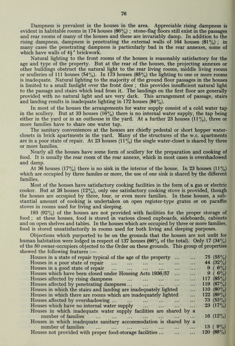 Dampness is prevalent in the houses in the area. Appreciable rising dampness is evident in habitable rooms in 174 houses (86%) ; stone-flag floors still exist in the passages and rear rooms of many of the houses and these are invariably damp. In addition to the rising dampness, dampness is penetrating the external walls of 164 houses (81%) ; in many cases the penetrating dampness is particularly bad in the rear annexes, some of which have walls of 4\ brickwork. Natural lighting to the front rooms of the houses is reasonably satisfactory for the age and type of the property. But at the rear of the houses, the projecting annexes or other buildings obstruct the natural light to the rear living rooms, middle living rooms or sculleries of 111 houses (54%). In 173 houses (85%) the lighting to one or more rooms is inadequate. Natural lighting to the majority of the ground floor passages in the houses is limited to a small fanlight over the front door ; this provides insufficient natural light to the passage and stairs which lead from it. The landings on the first floor are generally provided with no natural light and are very dark. This arrangement of passage, stairs and landing results in inadequate lighting in 172 houses (84%). In most of the houses the arrangements for water supply consist of a cold water tap in the scullery. But at 33 houses (16%) there is no internal water supply, the tap being either in the yard or in an outhouse in the yard. At a further 23 houses (11%), three or more families have to share one water tap. The sanitary conveniences at the houses are chiefly pedestal or short hopper water- closets in brick apartments in the yard. Many of the structures of the w.c. apartments are in a poor state of repair. At 23 houses (11%) the single water-closet is shared by three or more families. Nearly all the houses have some form of scullery for the preparation and cooking of food. It is usually the rear room of the rear annexe, which in most cases is overshadowed and damp. At 36 houses (17%) there is no sink in the interior of the house. In 23 houses (11%) which are occupied by three familes or more, the use of one sink is shared by the different families. Most of the houses have satisfactory cooking facilities in the form of a gas or electric cooker. But at 26 houses (12%), only one satisfactory cooking stove is provided, though the houses are occupied by three, four, or even more families. In these houses, a sub- stantial amount of cooking is undertaken on open register-type grates or on paraffin stoves in rooms used for living and sleeping. 193 (92%) of the houses are not provided with facilities for the proper storage of food ; at these houses, food is stored in various closed cupboards, sideboards, cabinets and on open shelves and tables. In the houses which are occupied by three or more families, food is stored unsatisfactorily in rooms used for both living and sleeping purposes. Objections which purported to be on the grounds that the houses are not unfit for human habitation were lodged in respect of 137 houses (66% of the total). Only 17 (34%) of the 50 owner-occupiers objected to the Order on these grounds. This group of properties showed the following features :— Houses in a state of repair typical of the age of the property Houses in a poor state of repair Houses in a good state of repair Houses which have been closed under Housing Acts 1936/57 Houses affected by rising dampness Houses affected by penetrating dampness ... Houses in which the stairs and landing are inadequately lighted Houses in which there are rooms which are inadequately lighted Houses affected by overshadowing Houses which have no internal water supply Houses in which inadequate water supply facilities are shared by a number of families Houses in which inadequate sanitary accommodation is shared by a number of families Houses not provided with proper food-storage facilities 75 (55%) 44 (32%) 9 ( 6%) 9 ( 6%) 117 (85%) 119 (87%) 110 (80%) 122 (89%) 73 (53%) 23 (17%) 16 (12%) 13 ( 9%) 120 (88%)
