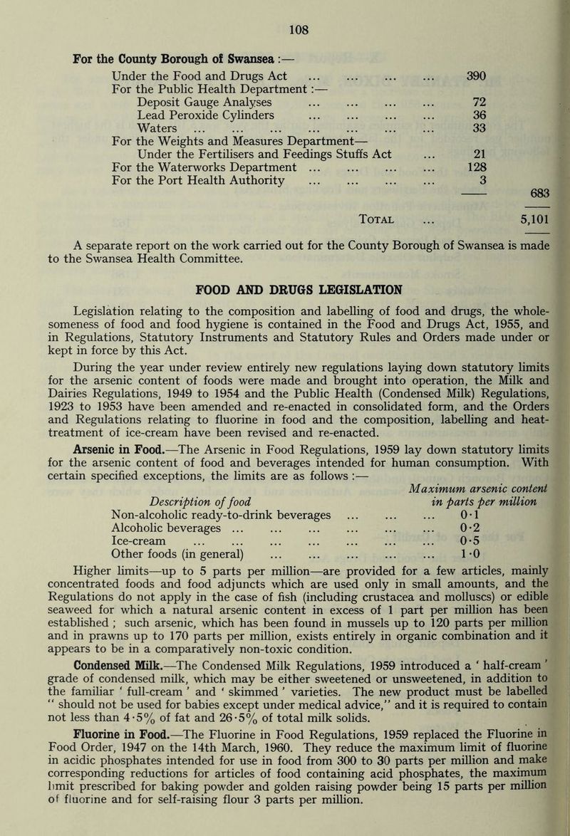 For the County Borough of Swansea :— Under the Food and Drugs Act 390 For the Public Health Department:— Deposit Gauge Analyses ... ... ... ... 72 Lead Peroxide Cylinders ... ... ... ... 36 Waters ... ... ... ... ... ... ... 33 For the Weights and Measures Department— Under the Fertilisers and Feedings Stuffs Act ... 21 For the Waterworks Department 128 For the Port Health Authority 3 683 Total ... 5,101 A separate report on the work carried out for the County Borough of Swansea is made to the Swansea Health Committee. FOOD AND DRUGS LEGISLATION Legislation relating to the composition and labelling of food and drugs, the whole- someness of food and food hygiene is contained in the Food and Drugs Act, 1955, and in Regulations, Statutory Instruments and Statutory Rules and Orders made under or kept in force by this Act. During the year under review entirely new regulations laying down statutory limits for the arsenic content of foods were made and brought into operation, the Milk and Dairies Regulations, 1949 to 1954 and the Public Health (Condensed Milk) Regulations, 1923 to 1953 have been amended and re-enacted in consolidated form, and the Orders and Regulations relating to fluorine in food and the composition, labelling and heat- treatment of ice-cream have been revised and re-enacted. Arsenic in Food.—The Arsenic in Food Regulations, 1959 lay down statutory limits for the arsenic content of food and beverages intended for human consumption. With certain specified exceptions, the limits are as follows :— Maximum arsenic content Description of food in parts per million Non-alcoholic ready-to-drink beverages ... ... ... 0-1 Alcoholic beverages ... ... ... ... ... ... 0-2 Ice-cream ... ... ... ... ... ... ... 0-5 Other foods (in general) ... ... ... ... ... 1-0 Higher limits—up to 5 parts per million—are provided for a few articles, mainly concentrated foods and food adjuncts which are used only in small amounts, and the Regulations do not apply in the case of fish (including Crustacea and molluscs) or edible seaweed for which a natural arsenic content in excess of 1 part per million has been established ; such arsenic, which has been found in mussels up to 120 parts per million and in prawns up to 170 parts per million, exists entirely in organic combination and it appears to be in a comparatively non-toxic condition. Condensed Milk.—The Condensed Milk Regulations, 1959 introduced a ‘ half-cream ' grade of condensed milk, which may be either sweetened or unsweetened, in addition to the familiar ‘ full-cream ’ and ‘ skimmed ’ varieties. The new product must be labelled “ should not be used for babies except under medical advice,” and it is required to contain not less than 4-5% of fat and 26*5% of total milk solids. Fluorine in Food.—The Fluorine in Food Regulations, 1959 replaced the Fluorine in Food Order, 1947 on the 14th March, 1960. They reduce the maximum limit of fluorine in acidic phosphates intended for use in food from 300 to 30 parts per million and make corresponding reductions for articles of food containing acid phosphates, the maximum limit prescribed for baking powder and golden raising powder being 15 parts per million of fluorine and for self-raising flour 3 parts per million.