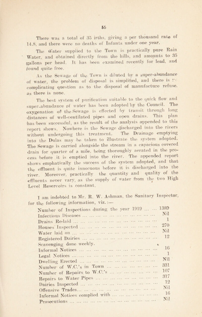 There was a total of 35 irths, giving a per thousand rate of 14.8, and there were no deaths of Infants under one year. The Water supplied to the Town is practically pure Rain Water, and obtained directly from the hills, and amounts to- 35 (gallons per head. It has been examined recently for lead, and found quite free. As the Sewage of the Town is diluted by a super-abundance of water, the problem of disposal is simplified, and there is m complicating question as to the disposal of manufacture refuse, as there is none. The best system of purification suitable to the quick flow and super-abundance of water has been adopted by the Council. The oxygenation of tihe Sewage is effected by transit through long distances of well-ventilated pipes and open drains. This plan has been successful , as the result of the analysis appended to this report shows. Nowhere is the Sewage discharged into the rivers without undergoing this treatment. Tire Drainage emptying into the Dulas may be taken to illustrate the system adopted. The Sewage is carried alongside the stream in a capacious covered drain for quarter of a mile, being thoroughly aerated in the pro- cess before it is emptied into the river. The appended report tshows emphatically the success of the- system adopted, and that the effluent is quite innocuous before it is discharged into the river. Moreover, practically the quantity and quality of the effluents never vary, as the supply of water from the two High Level Reservoirs is constant. I am indebted to Mr. R, W. Ashman, the Sanitary Inspector, for the following information, viz.:— Number of Inspections during the year 1919 ... ... 1389' Infectious Diseases ^ Drains Redaicl ^ Houses Inspected 270 Water laid on ... Registered Dairies 12 Scavenging done weekly. * Informal Notices ^ i Legal Notices Dwelling Erected 1 Number of W.C.’s in Town 331 Number of Repairs to W.'CL s ^37 Repairs to Water Pipes 3H Dairies Inspected ... Offensive Trades 1 Informal Notices complied with Prosecutions