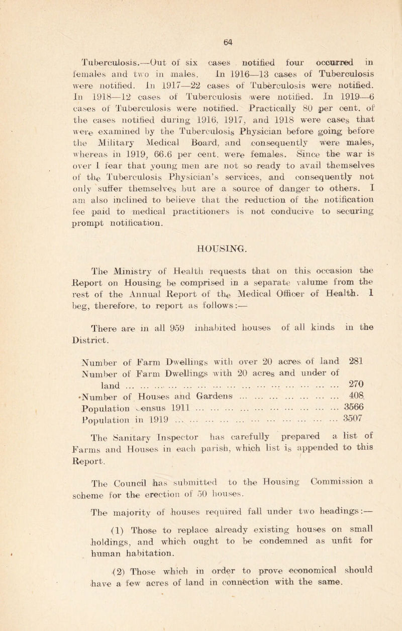 Tuberculosis.—Out oi six cases notified four occurred in females and two in males. in 1916—13 cases of Tuberculosis were notified, in 1917—22 cases of Tuberculosis were notified, in 1918—12 cases of Tuberculosis were notified. In 1919—6 cases of Tuberculosis were notified. Practically 80 per cent, of the cases notified during 1916, 1917, and 1918 were cases that were examined by the Tuberculosis Physician before going before the Military Medical Board, and consequently were males, whereas in 1919, 66.6 per cent, were females. Since the war is over 1 fear that young men are not so ready to avail themselves of the Tuberculosis Physician’s services, and consequently not only suffer themselves but are a source of danger to others. I am also inclined to believe that the reduction of the notification fee paid to medical practitioners is not conducive to securing prompt notification. BOUSING. The Ministry of Health requests that on this occasion the Report on Housing be comprised in a separate valume from the rest of the Annual Report of the Medical Officer of Health. 1 beg, therefore, to report as follows :— There are in all 959 inhabited houses of all kinds in the District. Number of Farm Dwellings with over 20 acres of land 281 Number of Farm Dwellings with 20 acres and under of land 270 ‘Number of. Houses and Gardens 408, Population census 1911 3566 Population in 1919 3507 The Sanitary Inspector has carefully prepared a list of Farms and Houses in each parish, which list is appended to this Report. The Council has submitted to the Housing Commission a scheme for the erection of 50 houses. The majority of houses required fall under two headings:— (1) Those to replace already existing houses on small holdings, and which ought to be condemned as unfit for human habitation. 12) Those which in order to prove economical should have a few' acres of land in connection with the same.