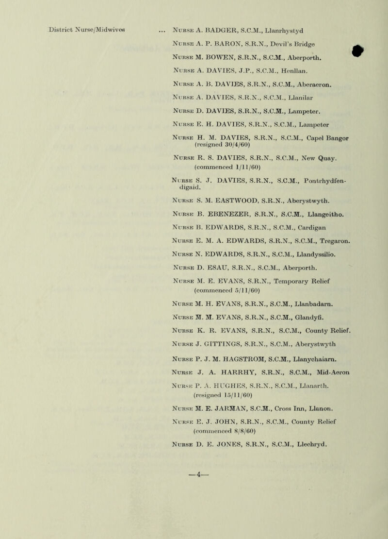 District Nurse/M id wives Nurse A. BADGER, S.C.M., Llanrhystyd Nurse A. P. BARON, S.R.N., Devil’s Bridge Nurse M. BOWEN, S.R.N., S.C.M., Aberporth. Nurse A. DAVIES, J.P., S.C.M., Henllan. Nurse A. B. DAVIES, S.R.N., S.C.M., Aberaeron. Nurse A. DAVIES, S.R.N., S.C.M., Llanilar Nurse D. DAVIES, S.R.N., S.C.M., Lampeter. Nurse E. H. DAVIES, S.R.N., S.C.M., Lampeter Nurse H. M. DAVIES, S.R.N., S.C.M., Capel Bangor (resigned 30/4/60) Nurse R. S. DAVIES, S.R.N., S.C.M., New Quay, (commenced 1/11/60) Nurse S. J. DAVTES, S.R.N., S.C.M., Pontrhydfen- digaid. Nurse S. M. EASTWOOD, S.R.N., Aberystwyth. Nurse B. EBENEZER, S.R.N., S.C.M., Llangeitho. Nurse B. EDWARDS, S.R.N., S.C.M., Cardigan Nurse E. M. A. EDWARDS, S.R.N., S.C.M., Tregaron. Nurse N. EDWARDS, S.R.N., S.C.M., Llandyssilio. Nurse D. ESAU, S.R.N., S.C.M., Aberporth. Nurse M. E. EVANS, S.R.N., Temporary Relief (commenced 5/11/60) Nurse M. H. EVANS, S.R.N., S.C.M., Llanbadarn. Nurse M. M. EVANS, S.R.N., S.C.M., Glandyfi. Nurse K. R. EVANS, S.R.N., S.C.M., County Relief. Nurse J. GITTINGS, S.R.N., S.C.M., Aberystwyth Nurse P. J. M. HAGSTROM, S.C.M., Llanychaiarn. Nurse J. A. HARRHY, S.R.N., S.C.M., Mid-Aeron Nurse P. A. HUGHES, S.R.N., S.C.M., Llanarth. (resigned 15/11/60) Nurse M. E. JARMAN, S.C.M., Cross Inn, Llanon. Nurse E. J. JOHN, S.R.N., S.C.M., County Relief (commenced 8/8/60) Nurse D. E. JONES, S.R.N., S.C.M., Llechryd. —4—