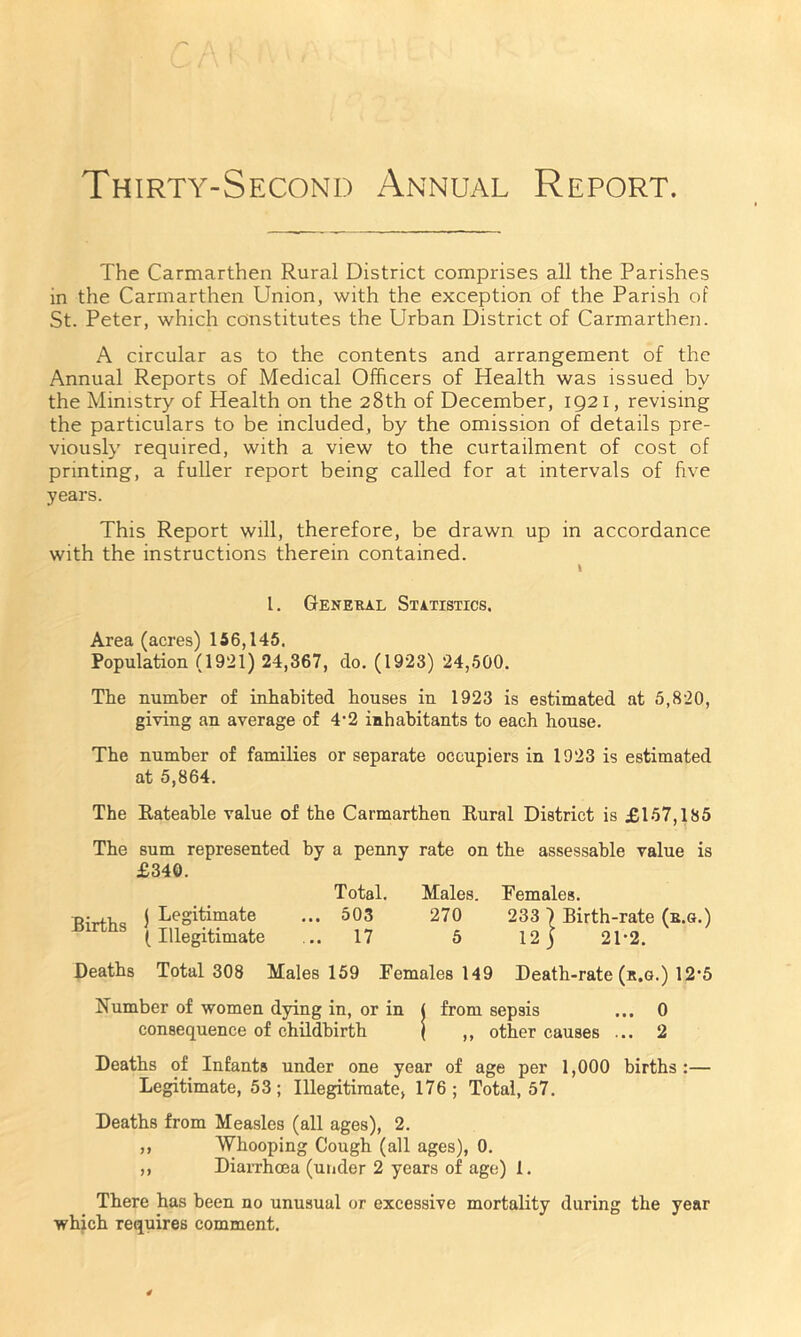 Thirty-Second Annual Report. The Carmarthen Rural District comprises all the Parishes in the Carmarthen Union, with the exception of the Parish of St. Peter, which constitutes the Urban District of Carmarthen. A circular as to the contents and arrangement of the Annual Reports of Medical Officers of Health was issued by the Ministry of Health on the 28th of December, 1921, revising the particulars to be included, by the omission of details pre- viously required, with a view to the curtailment of cost of printing, a fuller report being called for at intervals of five years. This Report will, therefore, be drawn up in accordance with the instructions therein contained. I. General Statistics. Area (acres) 156,145. Population (1921) 24,367, clo. (1923) 24,500. The number of inhabited houses in 1923 is estimated at 5,820, giving an average of 4-2 inhabitants to each house. The number of families or separate occupiers in 1923 is estimated at 5,864. The Rateable value of the Carmarthen Rural District is £157,185 The sum represented by a penny rate on the assessable value is £340. Total. Males. Females. r-.i (Legitimate ... 503 270 233) Birth-rate (e.g.) mrtns (Illegitimate _ 17 5 12j 2l-2. Deaths Total 308 Males 159 Females 149 Death-rate (r.g.) 12*5 Number of women dying in, or in ( from sepsis ... 0 consequence of childbirth { ,, other causes ... 2 Deaths of Infants under one year of age per 1,000 births:— Legitimate, 53; Illegitimate, 176; Total, 57. Deaths from Measles (all ages), 2. ,, Whooping Cough (all ages), 0. ,, Diarrhoea (under 2 years of age) 1. There has been no unusual or excessive mortality during the year which requires comment.